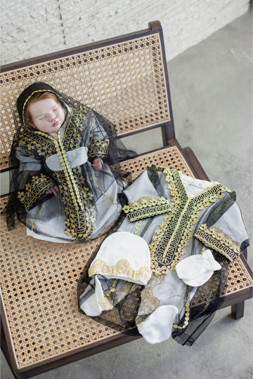 Baby Girl Black Thoub Set with Overall, Cap & Gloves – Gold Lace Detailing (Size 0–3 Months)