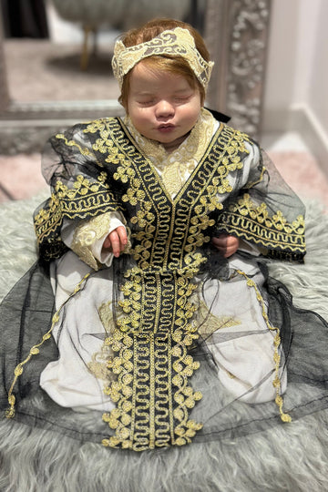 Luxury Baby Girl Black Thoub Set with Overall & Hair Band – Gold Hand Embroidery (Size 3–6 Months)