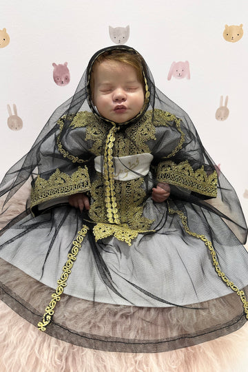 Baby Girl Black Thoub Set with Bokhnag, Dress & Embroidered Belt – Golden Hand Embroidery (Size 6–9 Months)