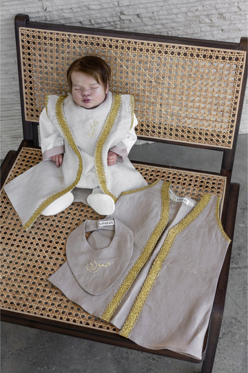 Dark Beige Baby Boy Bisht with Personalized Embroidered Bib – 0-6 Months