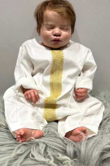 Embroidered Baby Boy Overall – Handcrafted Gold on Soft Cream Cotton (0–3 Months)