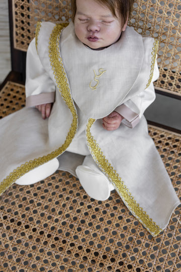 Light Beige Baby Boy Bisht with Personalized Embroidered Bib (0–6 Months)