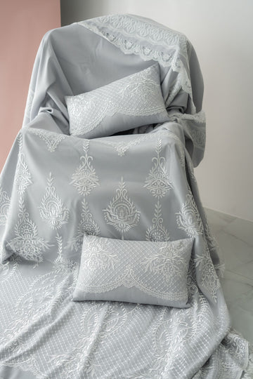 Silver-Grey Bedding Set with Classic White Embroidery