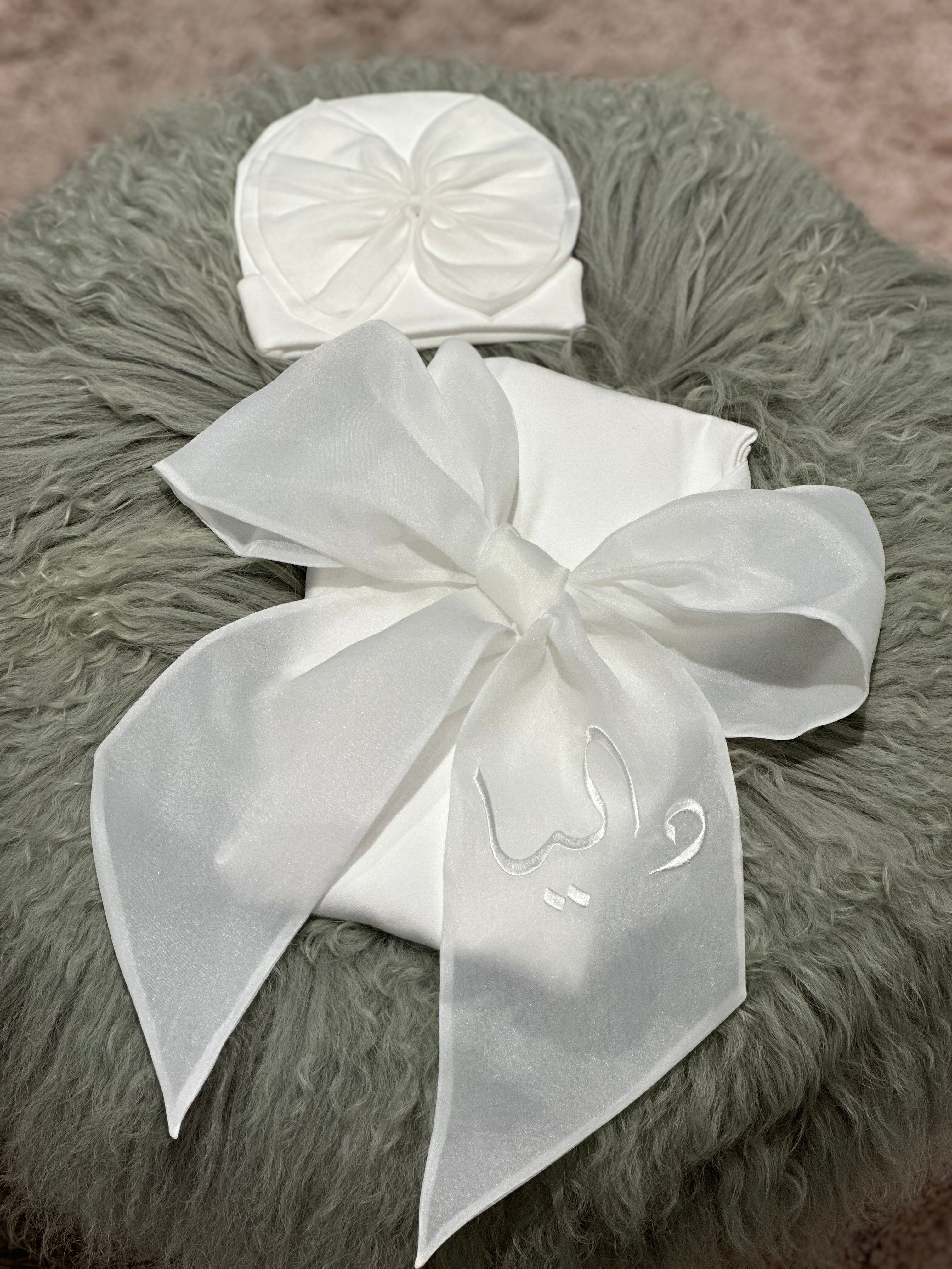 Elegant Cotton Swaddle & Matching Hat  with Bow(Embroidered with Baby’s Name)