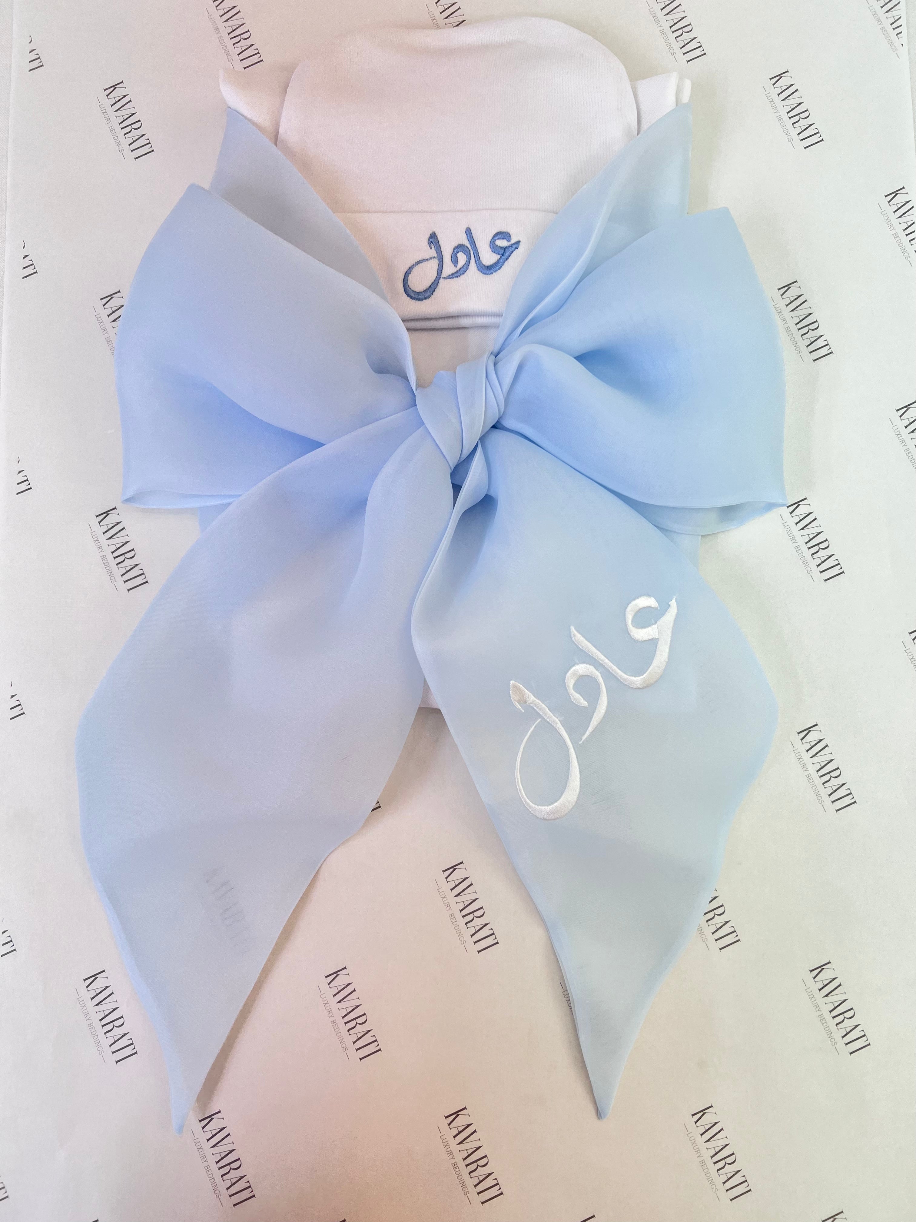 Elegant Cotton Swaddle & Matching Hat  with Bow(Embroidered with Baby’s Name)