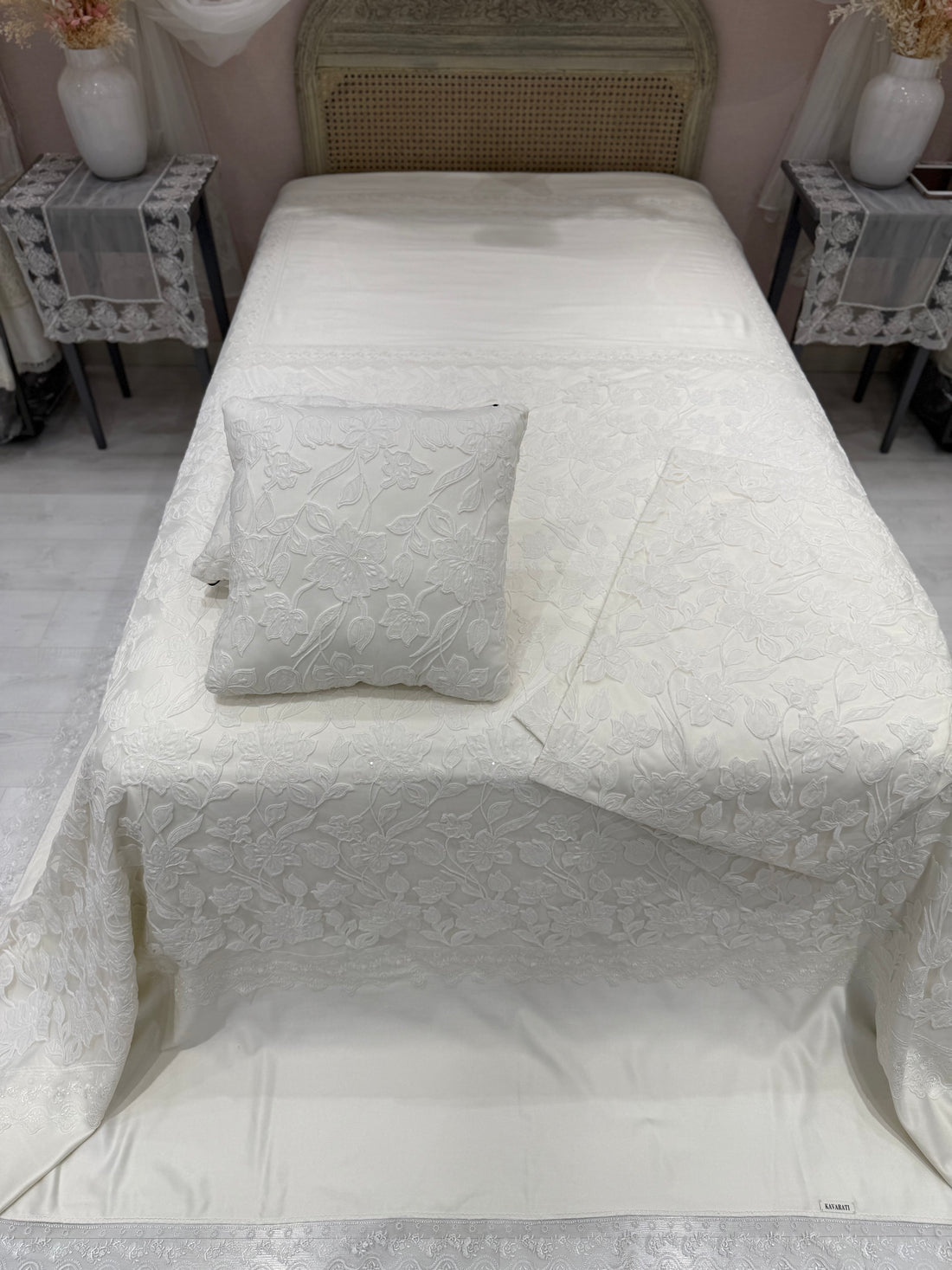 Elegant Cotton Cover with Embroidered Floral Guipure Lace