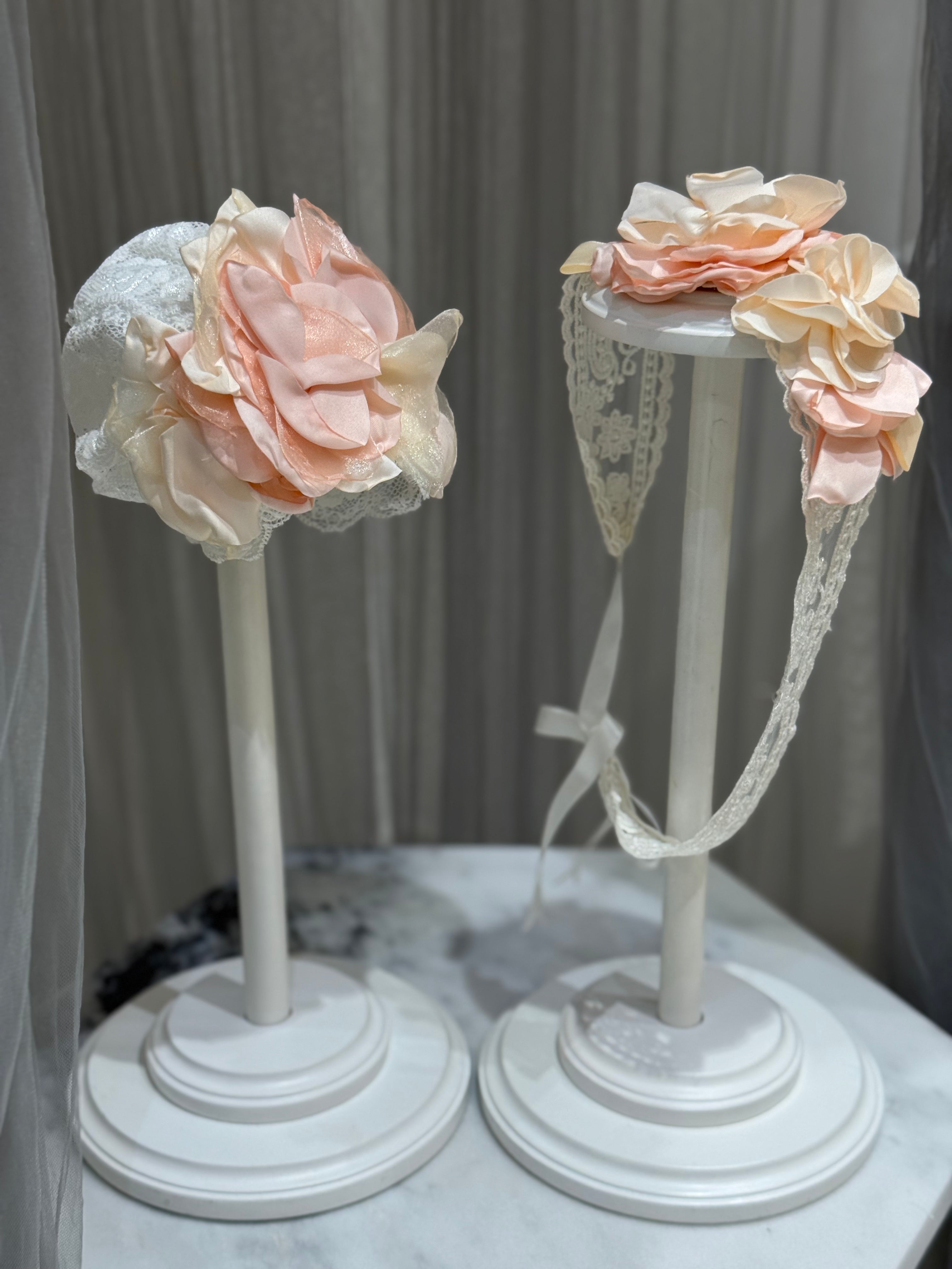 Mom & Me  Elegant Lace Turban Set with Peach Roses