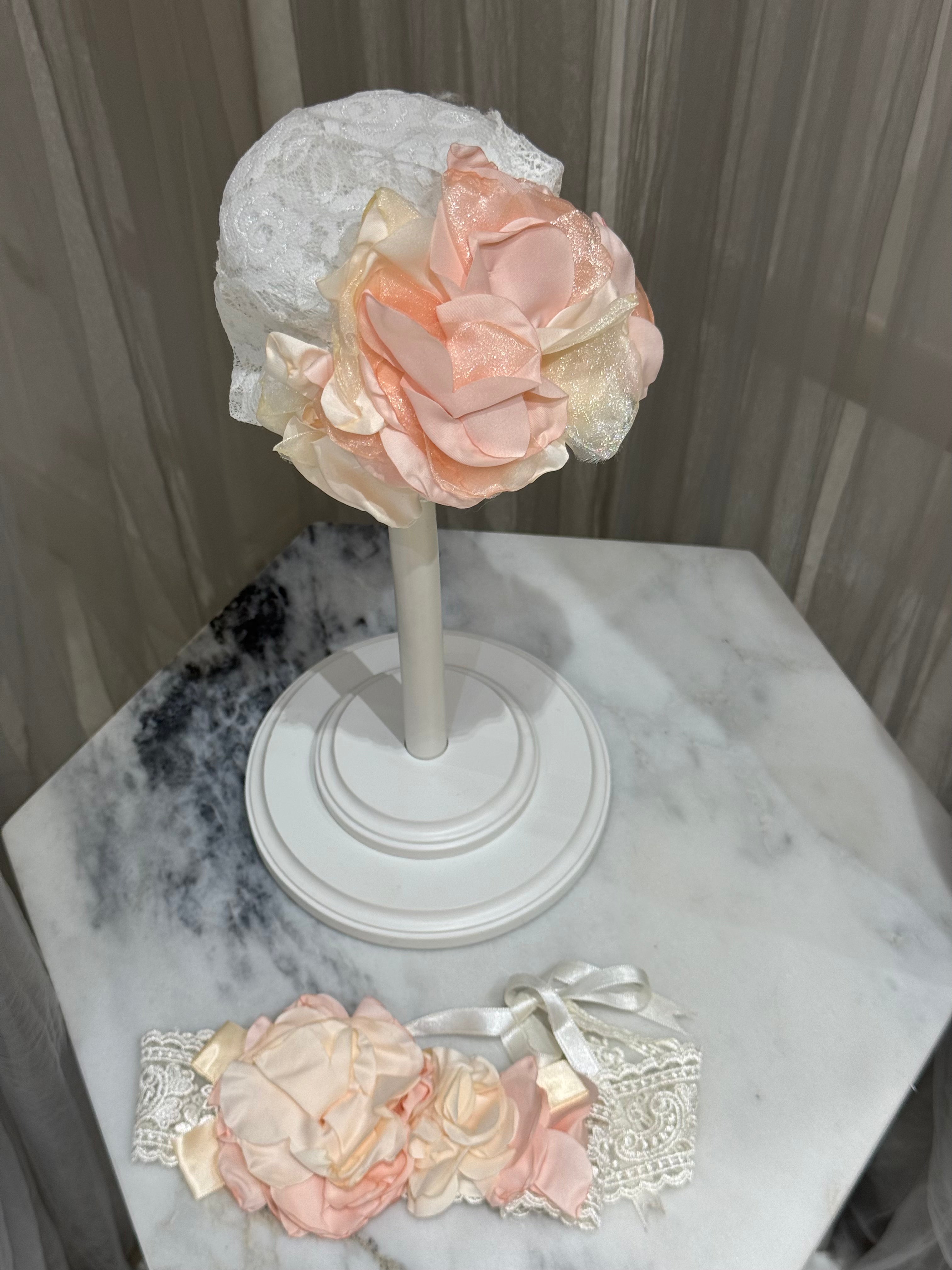 Mom & Me  Elegant Lace Turban Set with Peach Roses