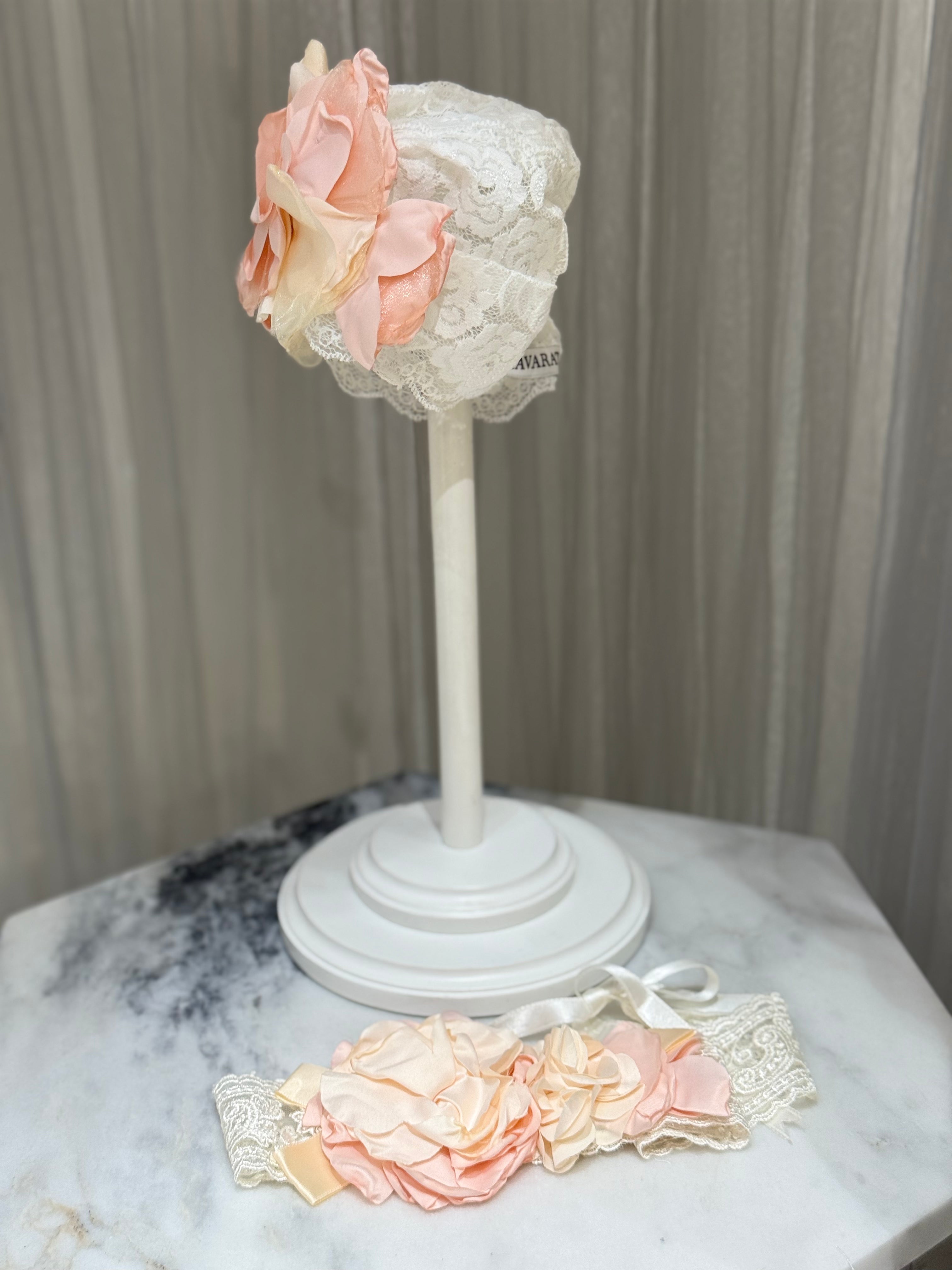 Mom & Me  Elegant Lace Turban Set with Peach Roses
