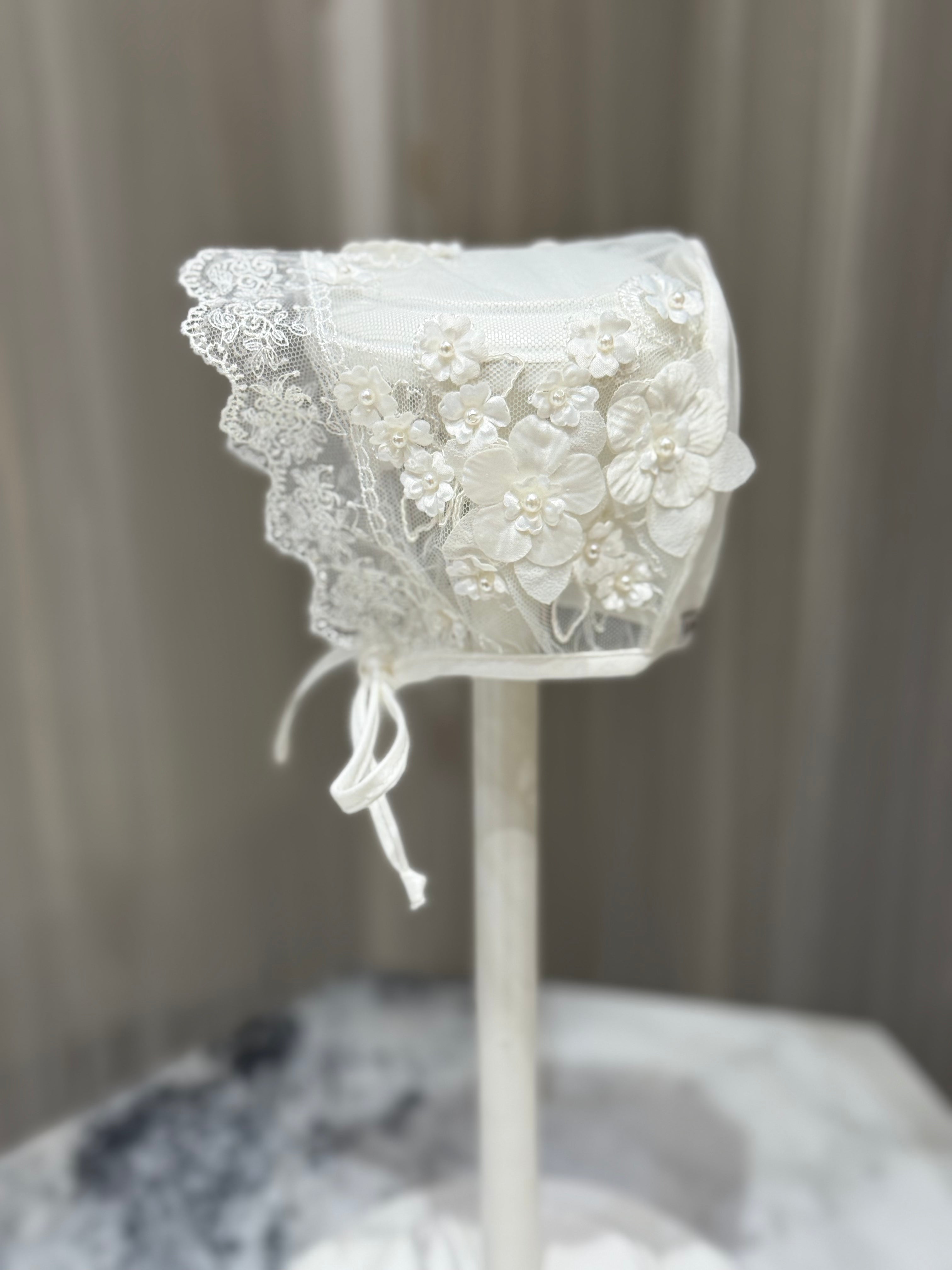 Elegant Newborn Lace Hat with Floral & Pearl Details