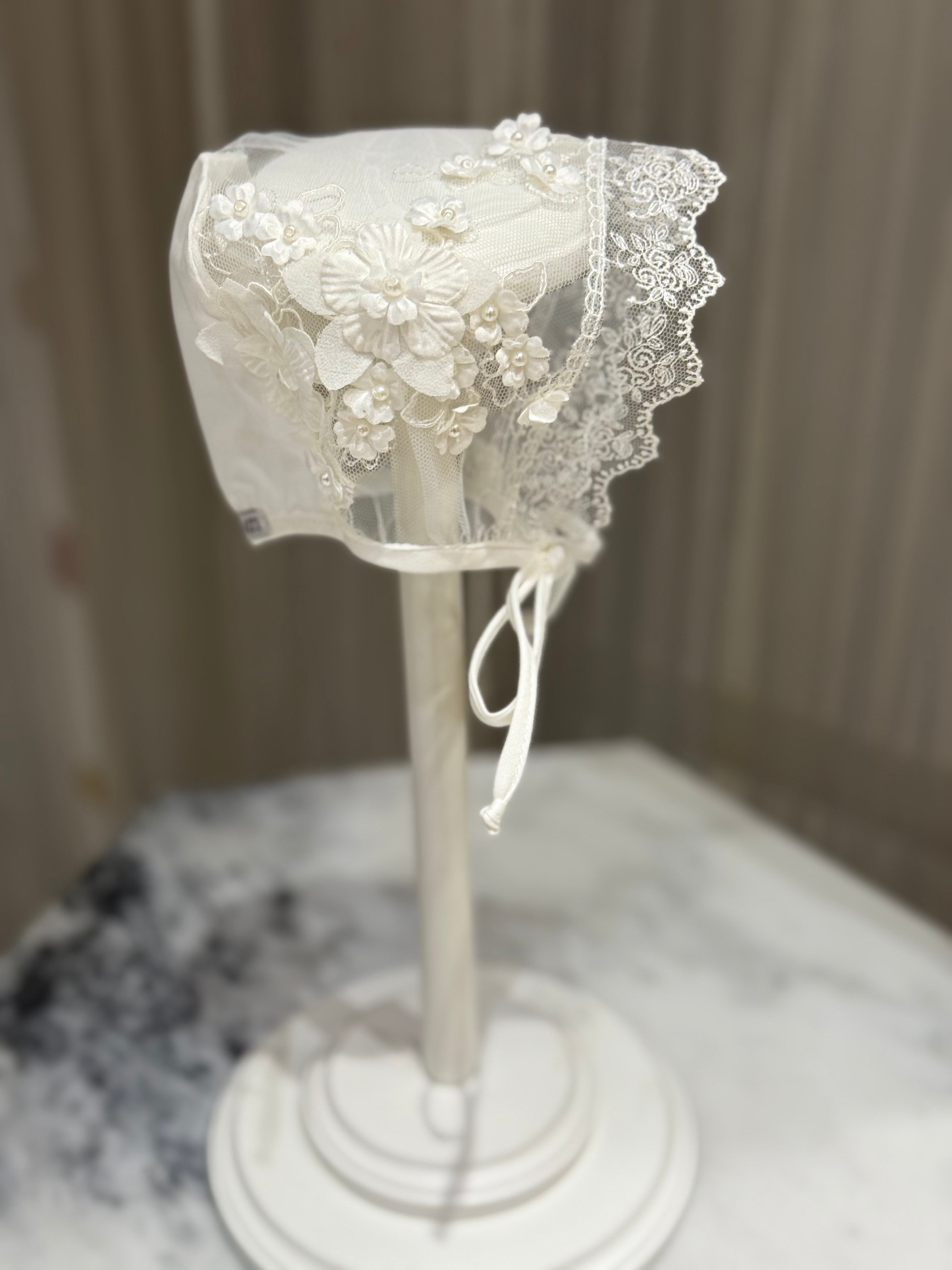Elegant Newborn Lace Hat with Floral & Pearl Details