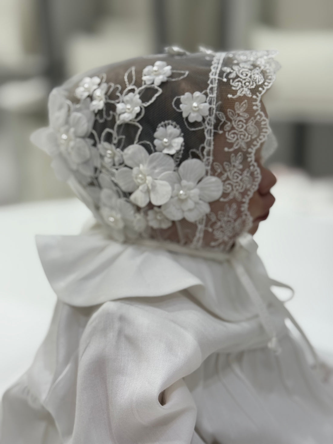 Elegant Newborn Lace Hat with Floral & Pearl Details