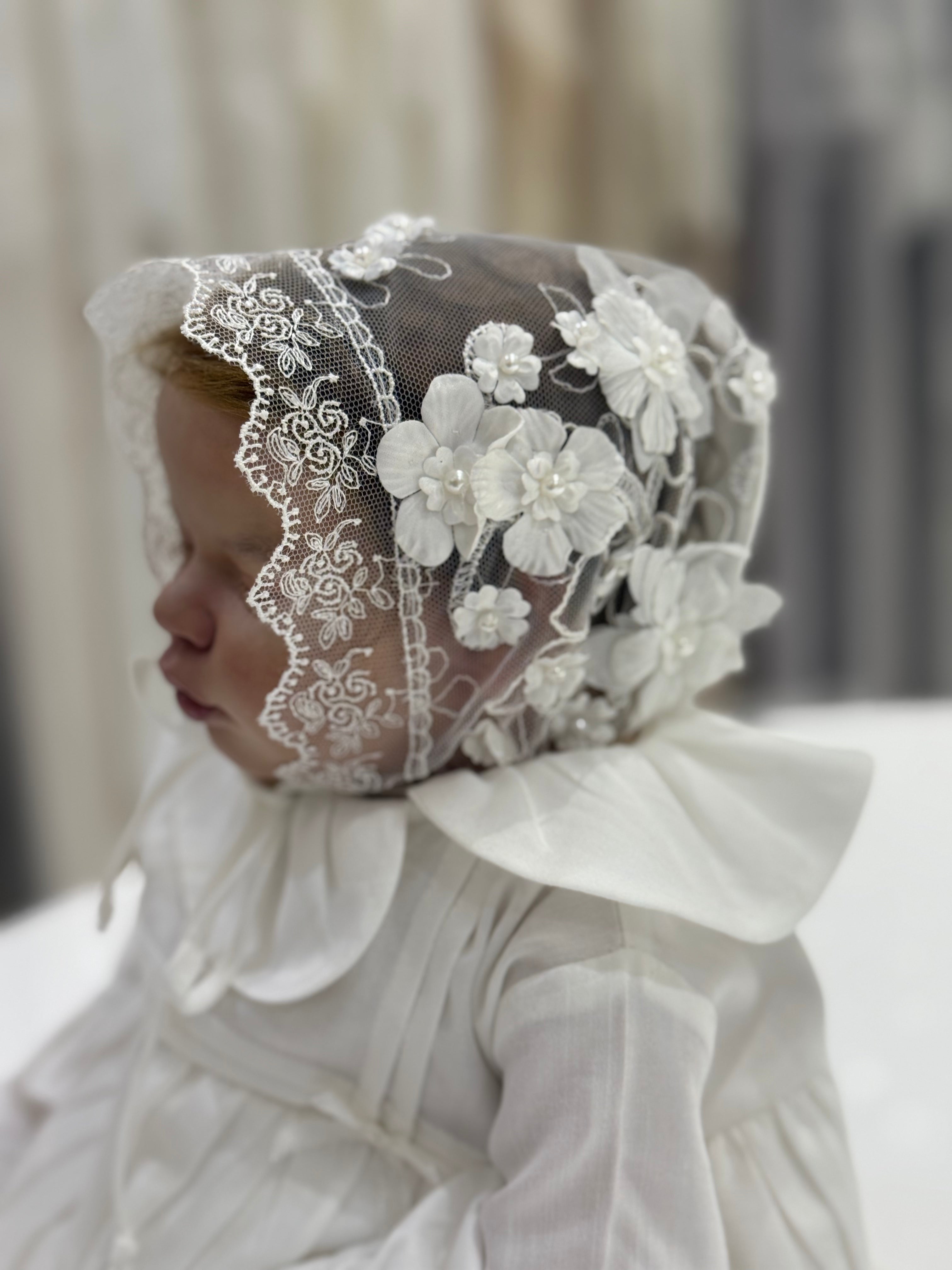 Elegant Newborn Lace Hat with Floral & Pearl Details