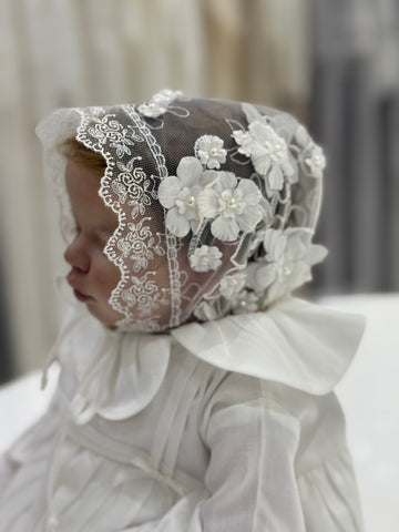 Elegant Newborn Lace Hat with Floral & Pearl Details
