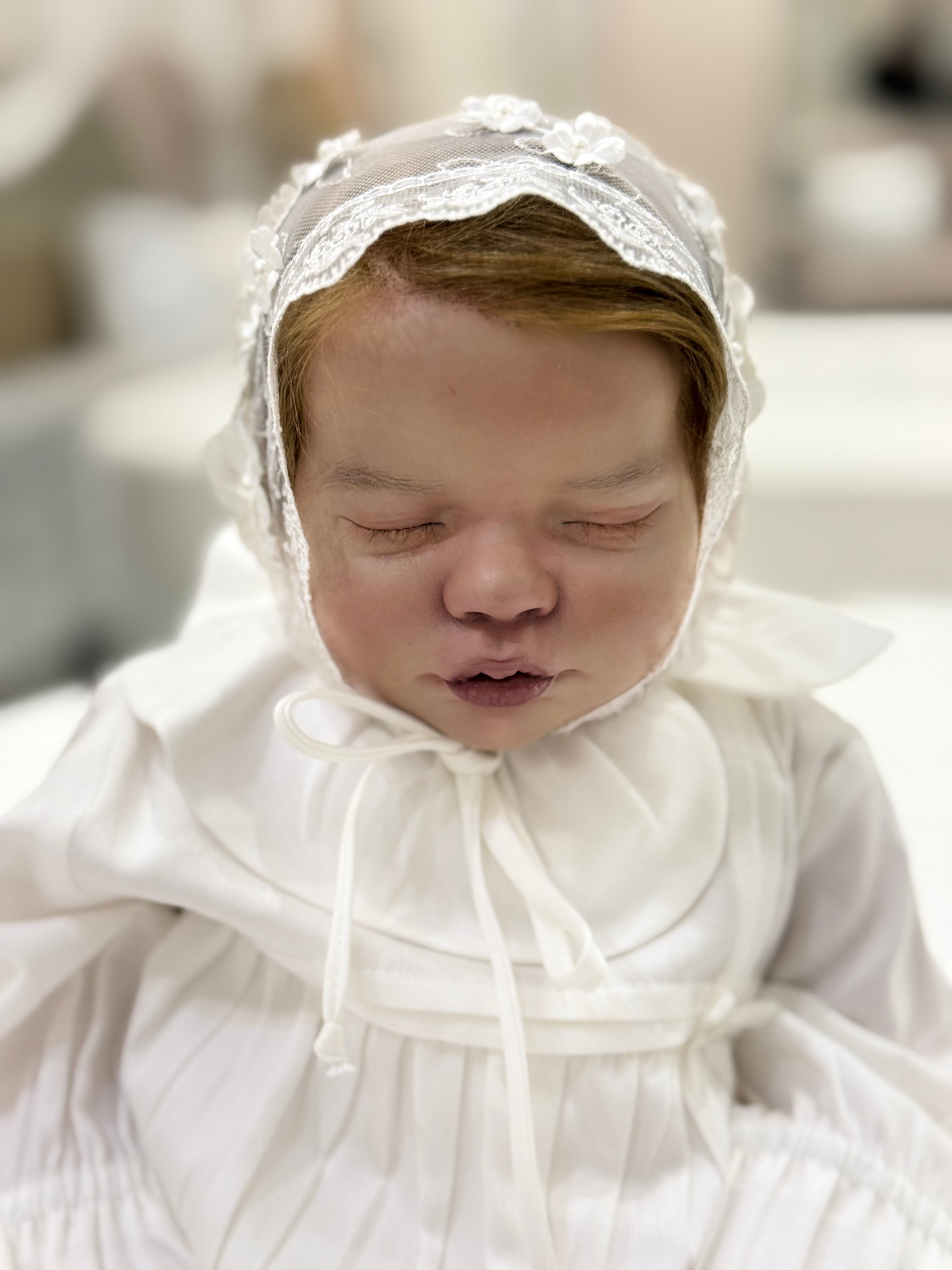 Elegant Newborn Lace Hat with Floral & Pearl Details