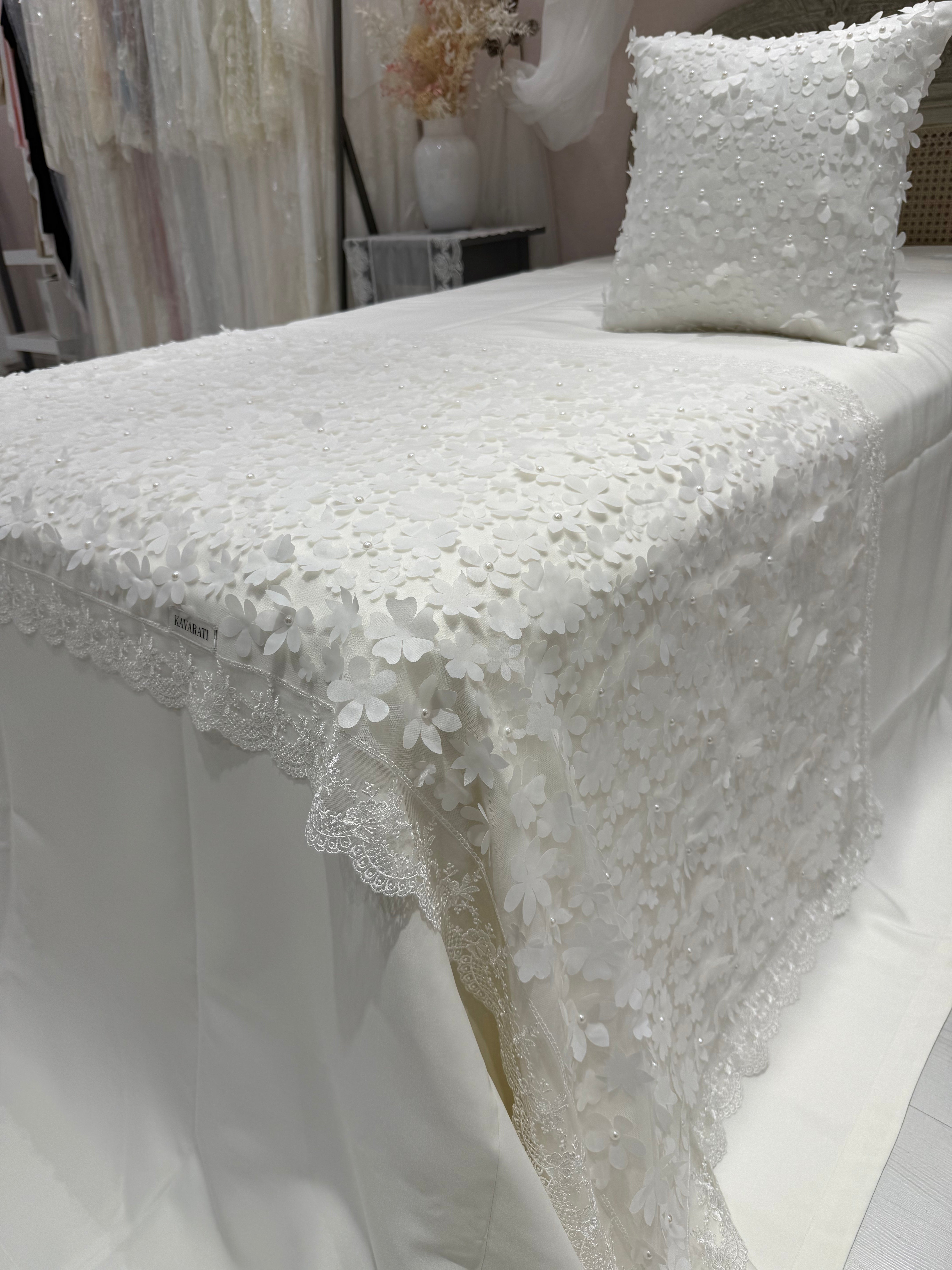 Floral Bed Throw with Pearl Accents