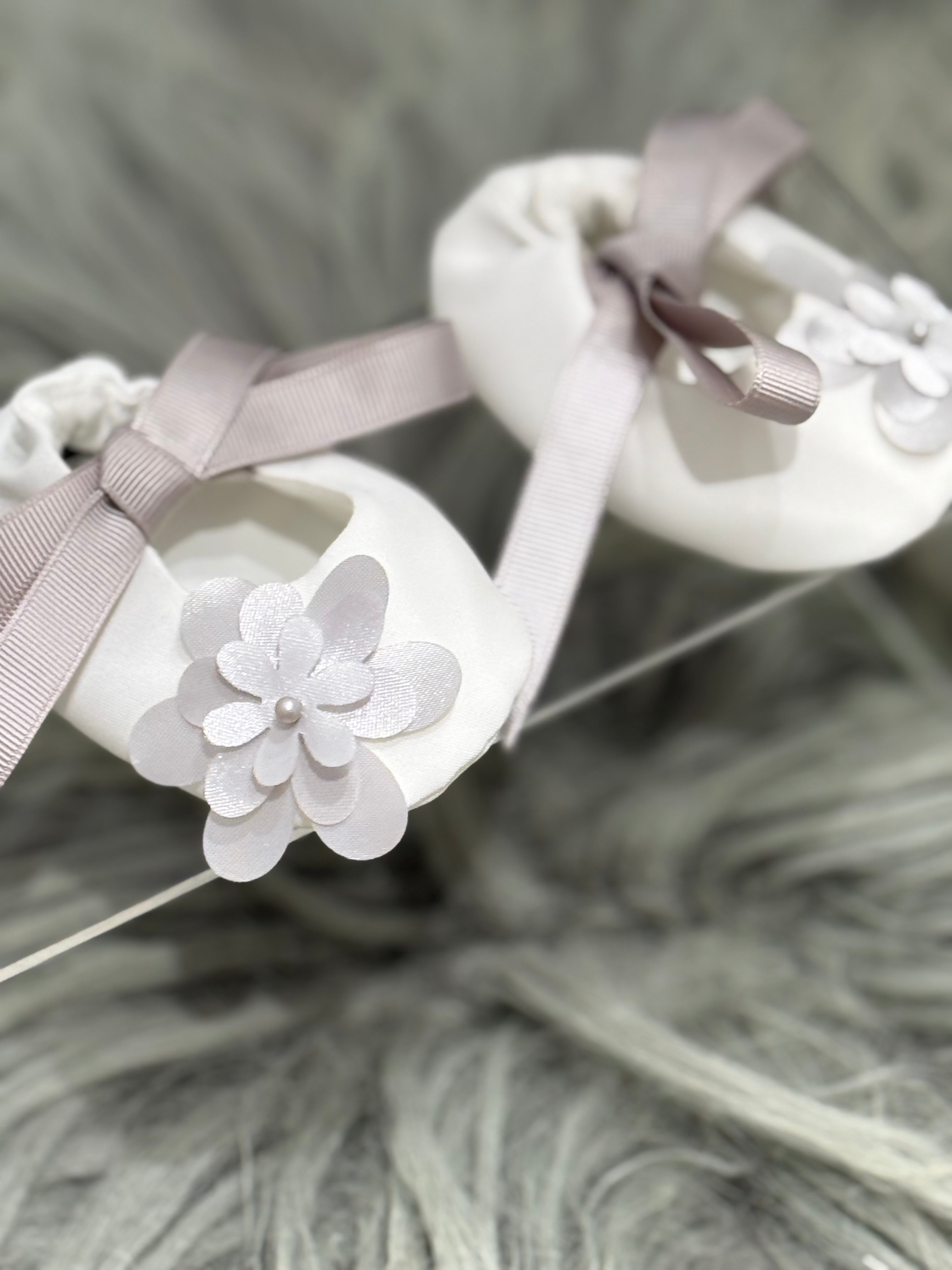 White & Grey Newborn Booties with Cute Flower