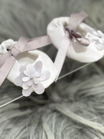 White & Grey Newborn Booties with Cute Flower