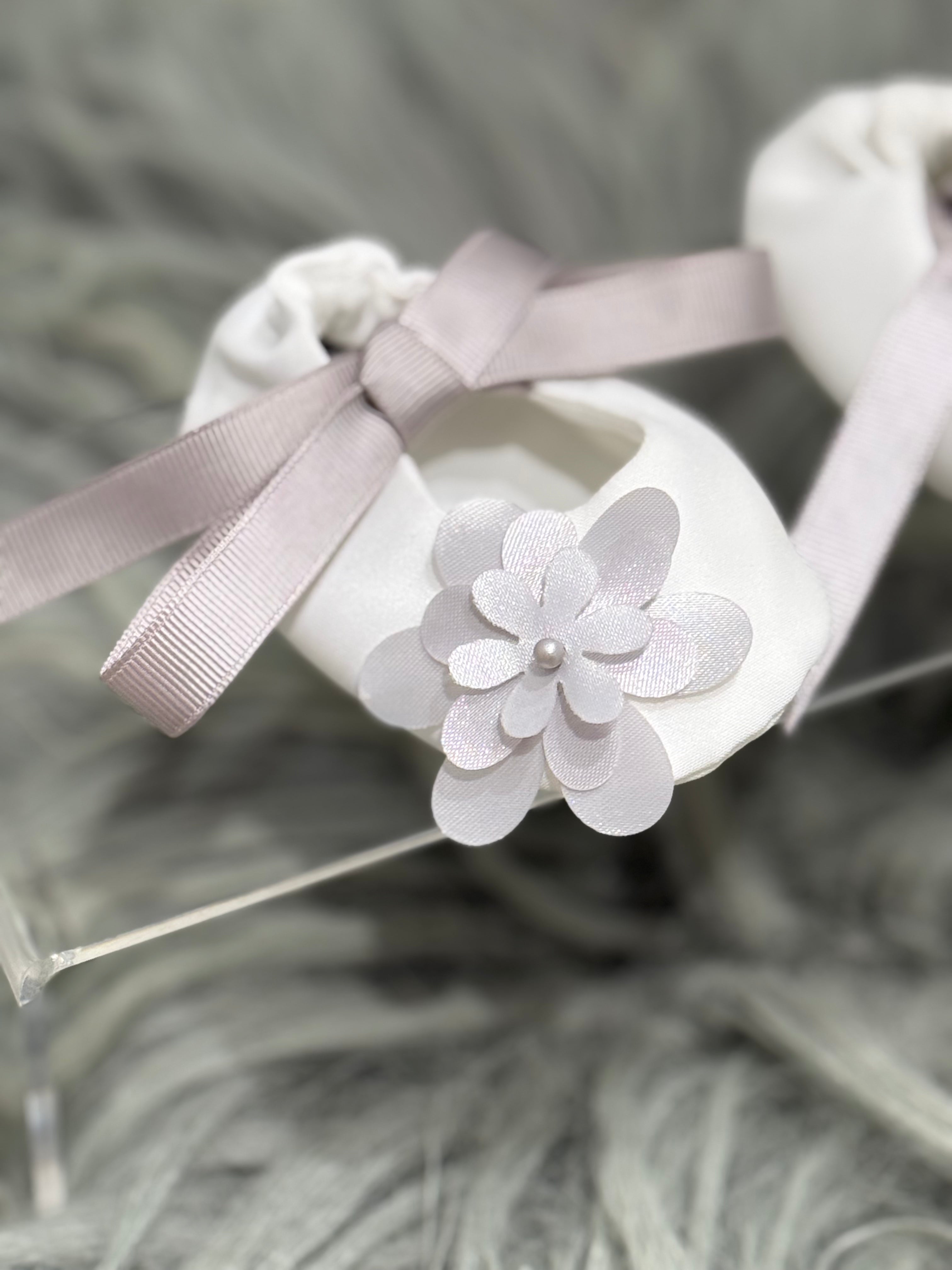 White & Grey Newborn Booties with Cute Flower