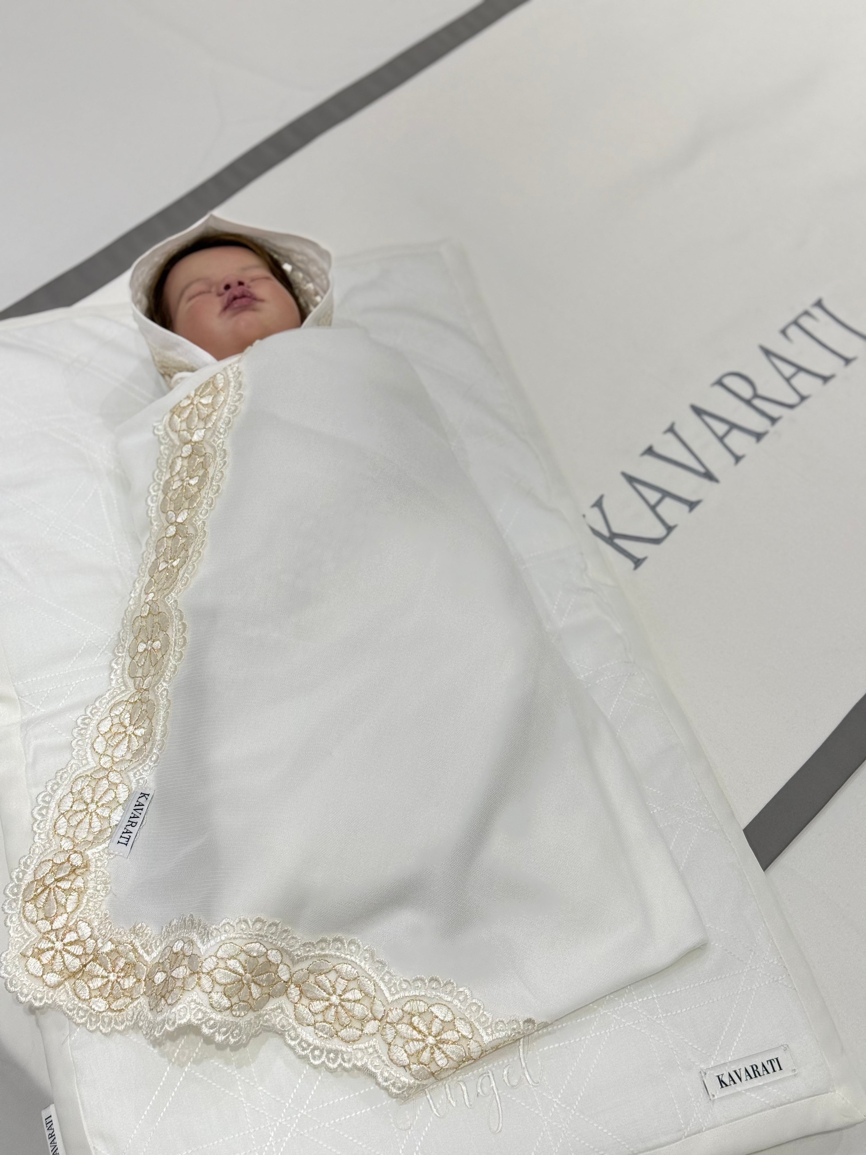 Newborn Cream Cotton Swaddle with Cream and Golden Lace