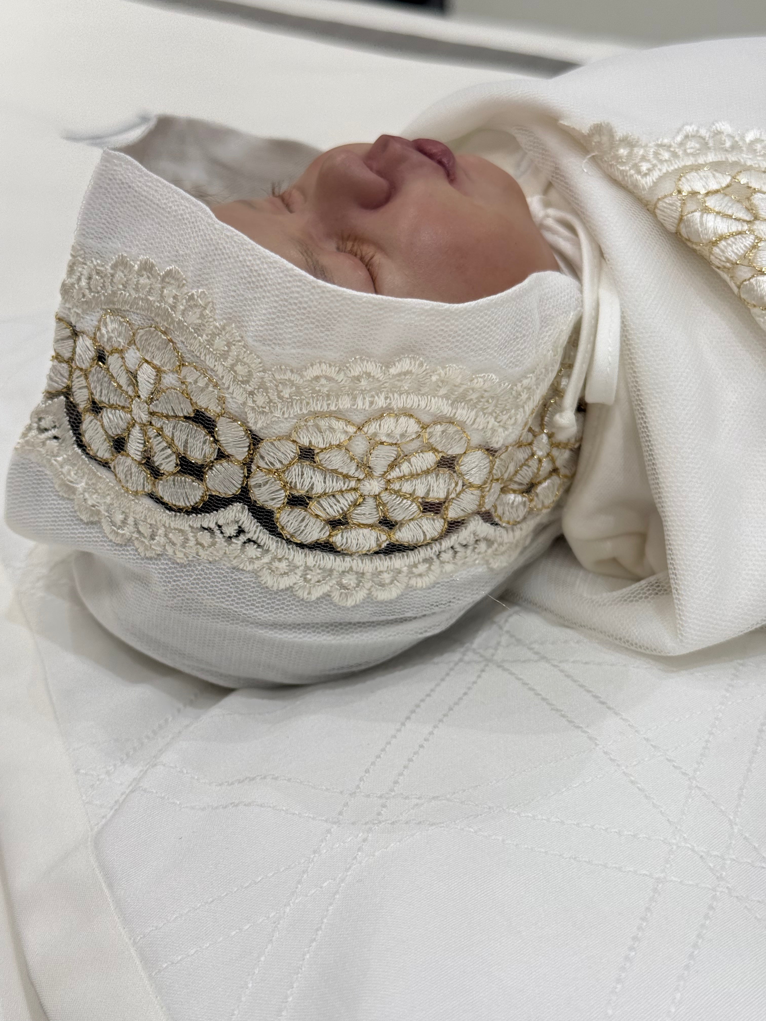 Newborn Cream Cotton Swaddle with Cream and Golden Lace