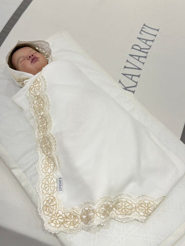 Newborn Cream Cotton Swaddle with Cream and Golden Lace