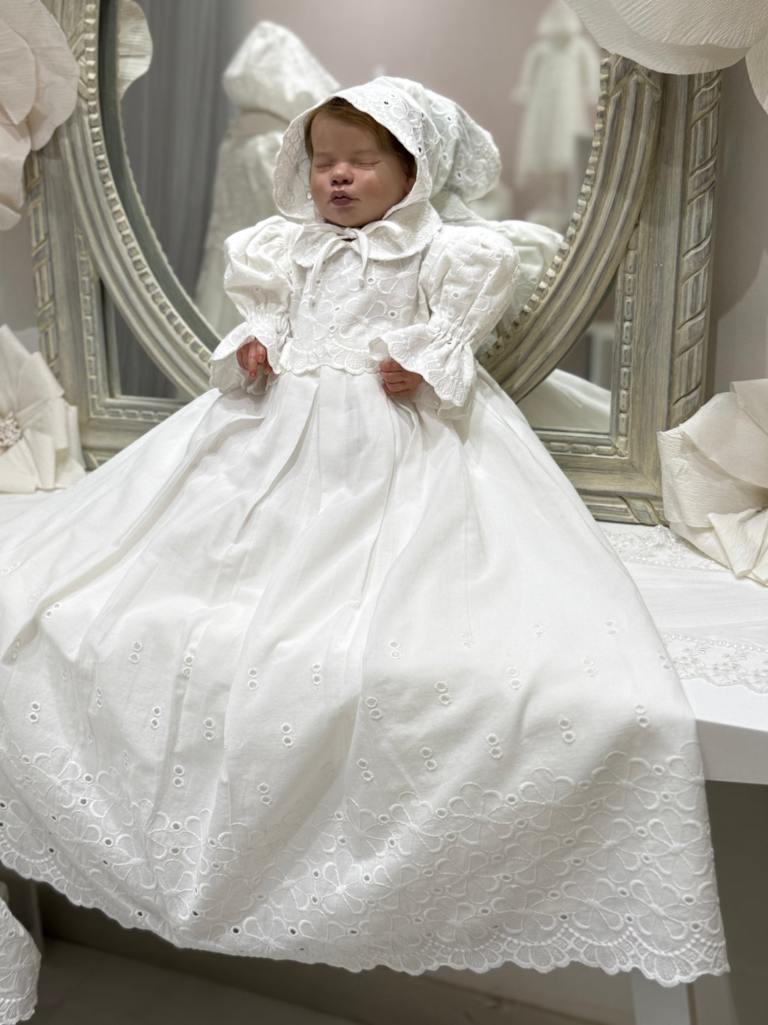 Embroidered Long Cotton Baby Dress with Matching Cap