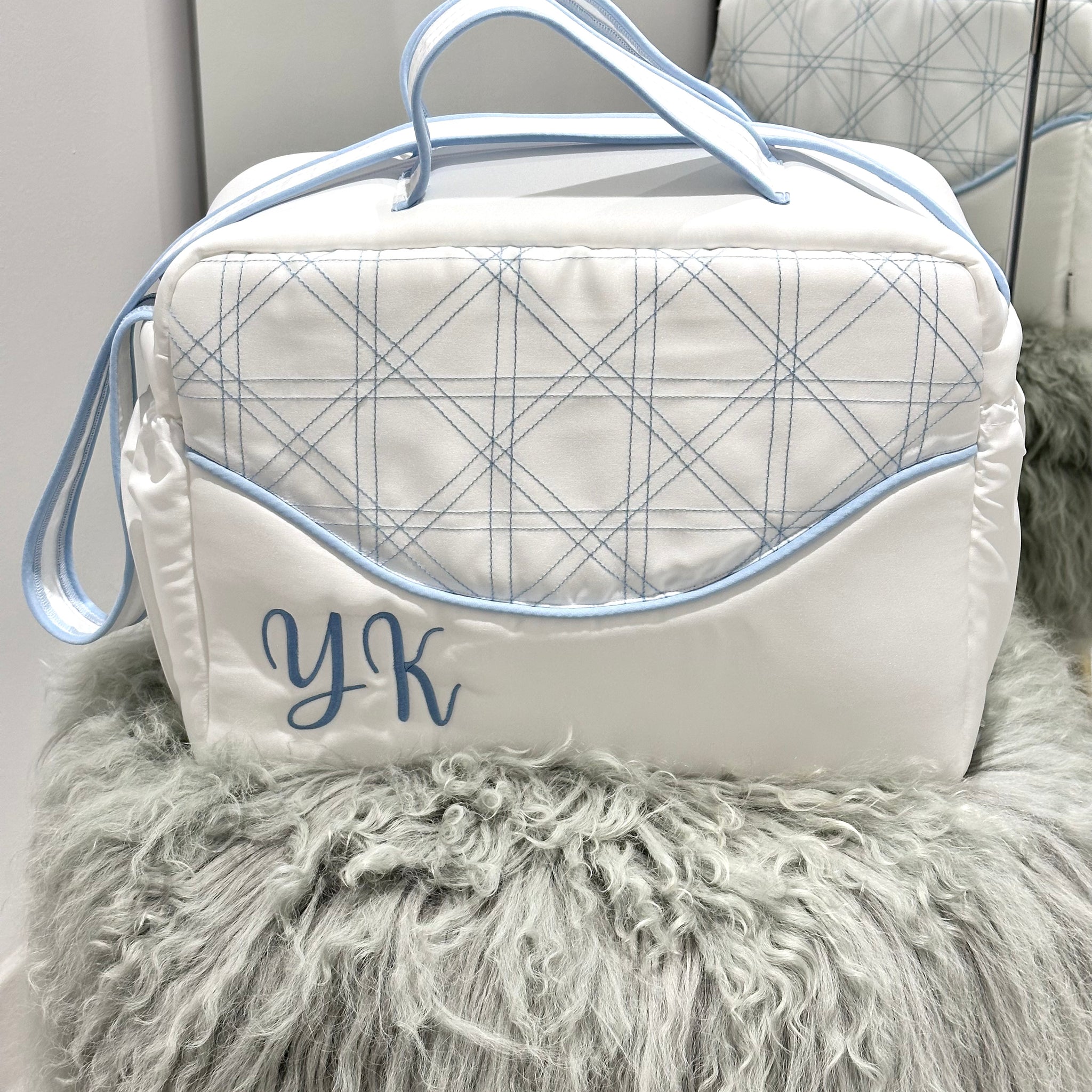 Light Cream Newborn Bag with Blue Embroidery