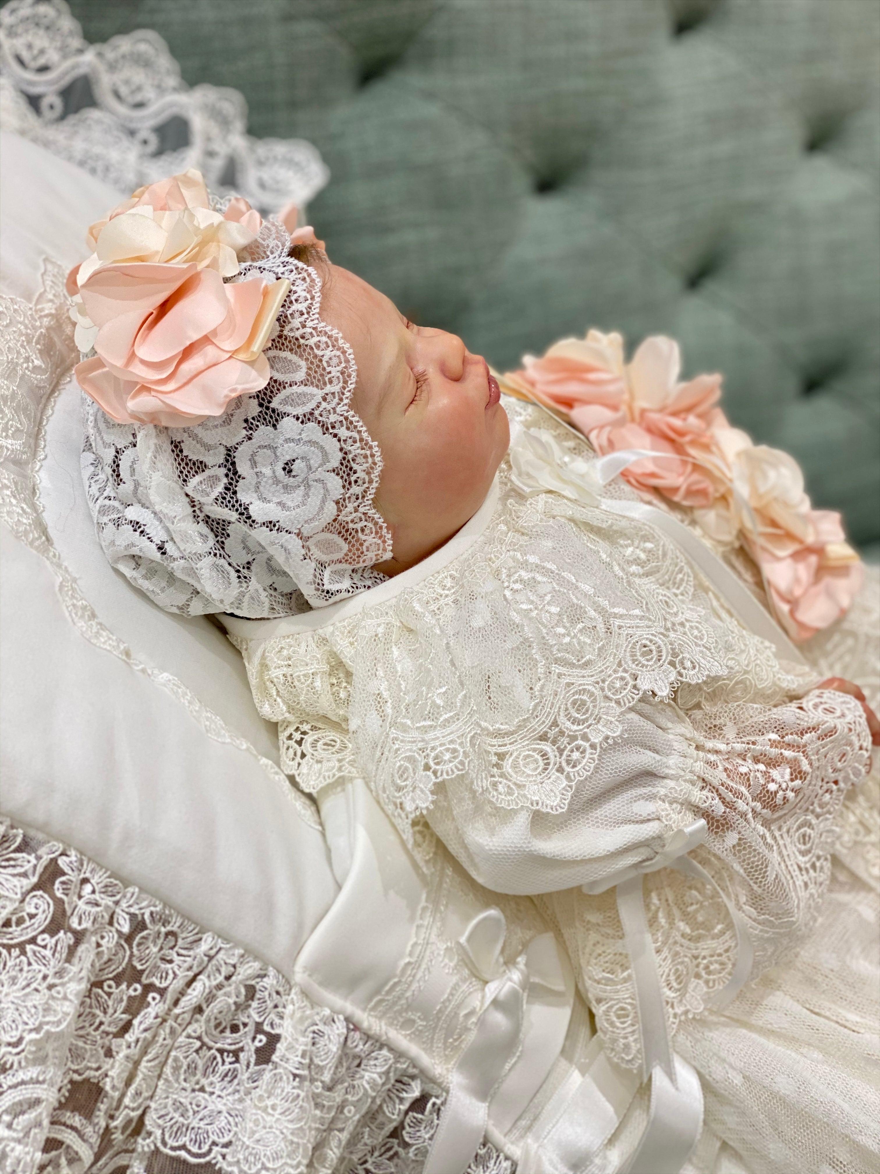 Mom & Me  Elegant Lace Turban Set with Peach Roses