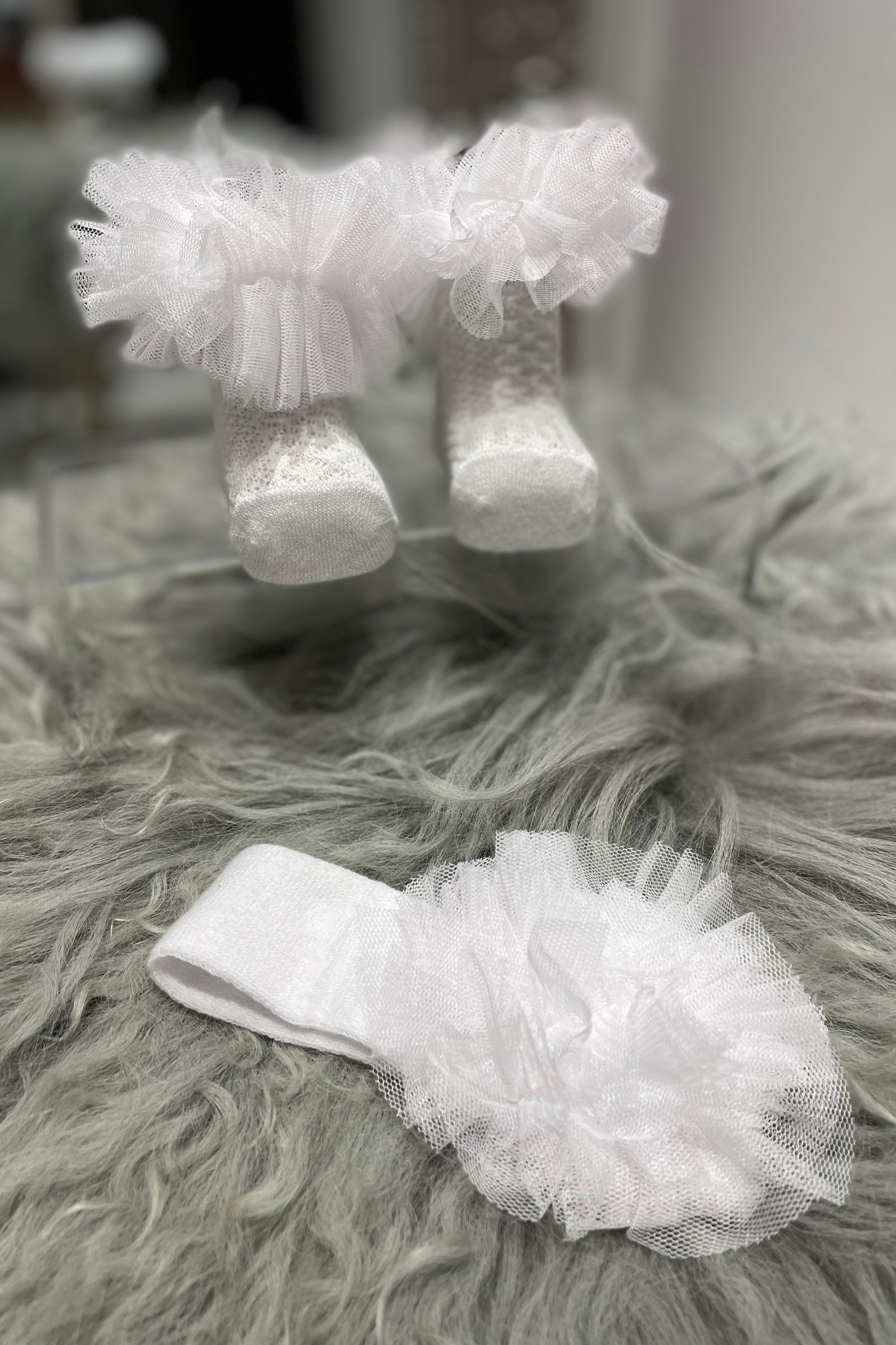 Elegant White Baby Socks with Tulle Ruffles & Matching Headband Set