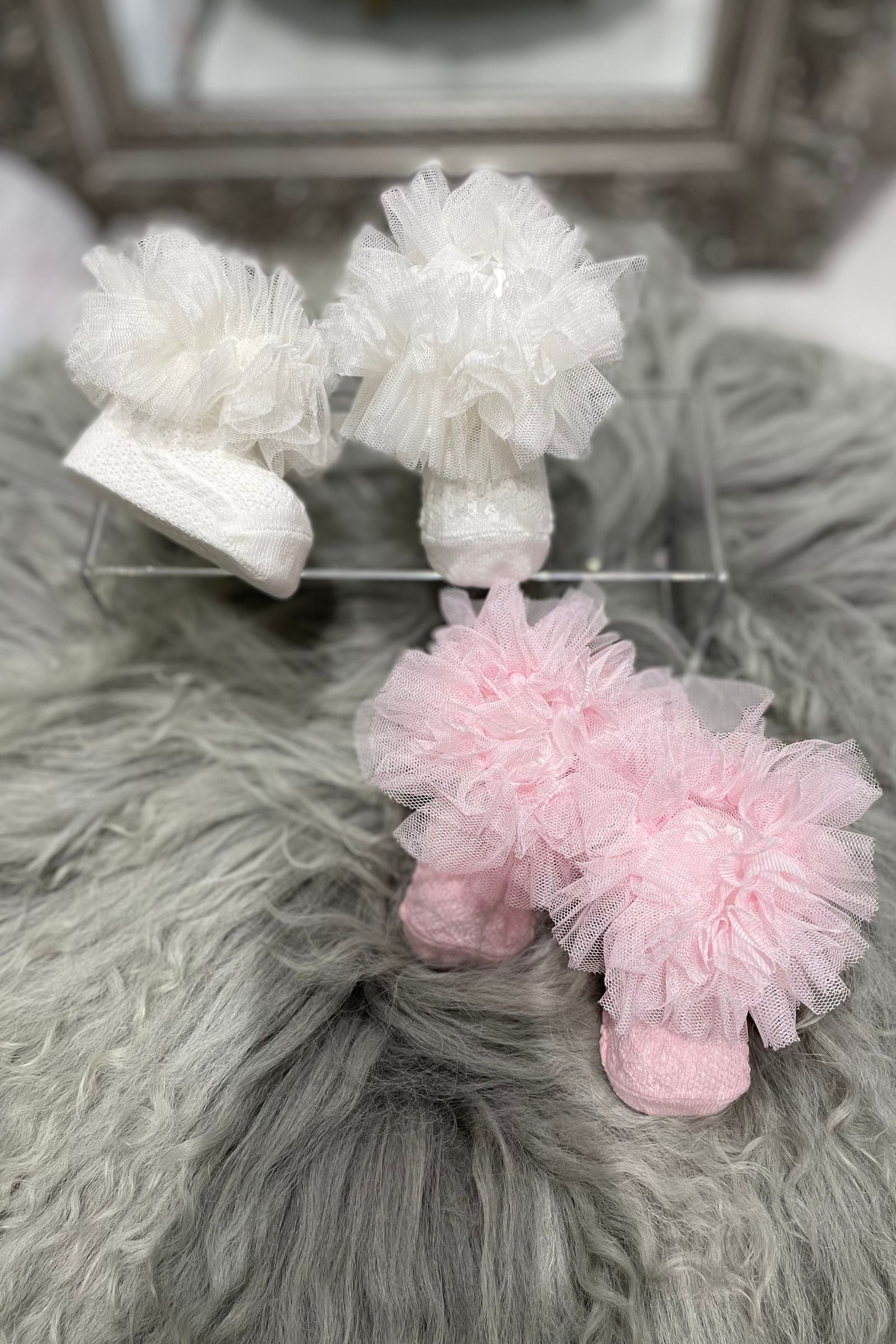 Set Of cream and Pink Socks with Tulle Ruffle