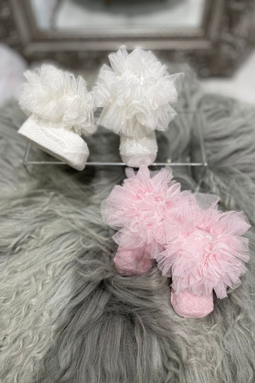 Set Of cream and Pink Socks with Tulle Ruffle