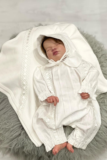 Elegant White Newborn Baby Set with Bonnet & Swaddle – Premium Lace Detailing