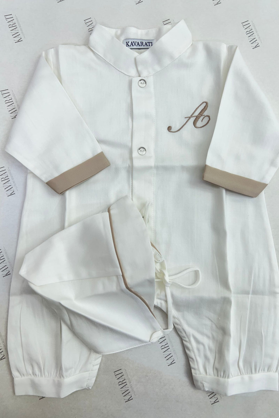Personalized White Baby Thobe with Cap – Custom Name Embroidery