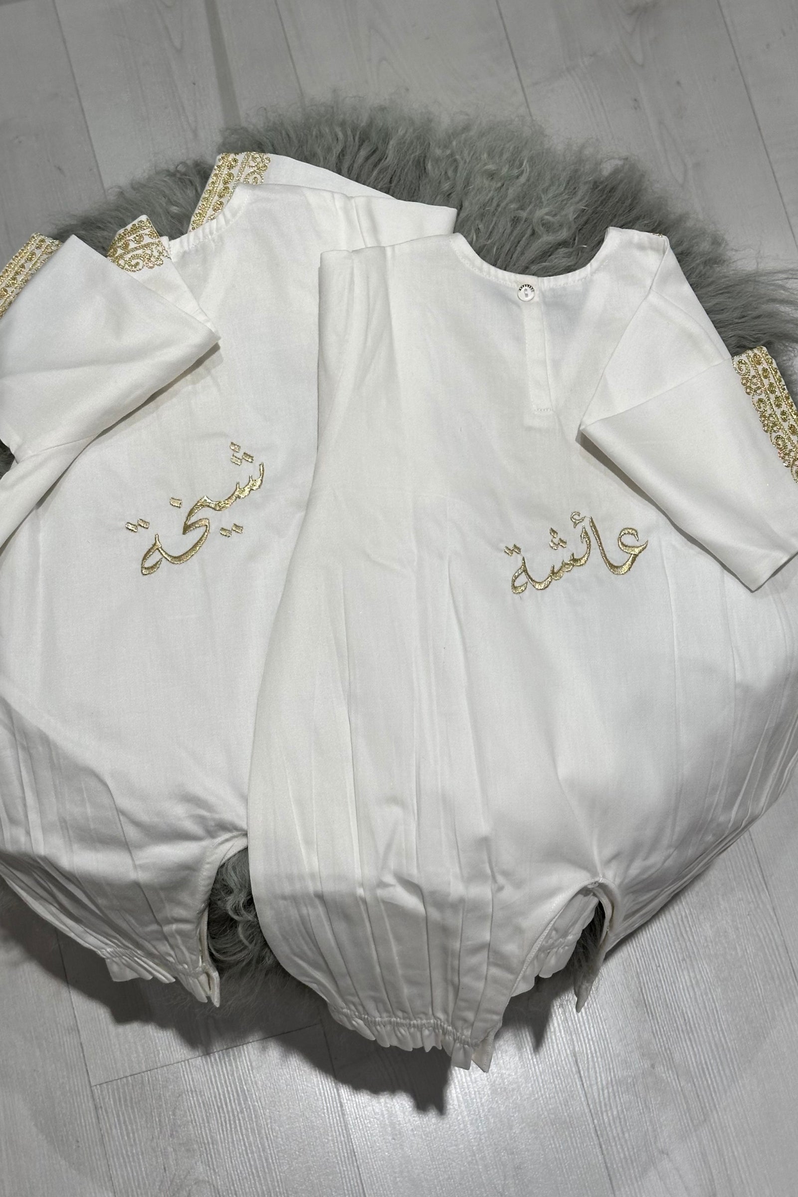 Embroidered Baby Girl Overall & Hair Band – Cream Cotton with Gold Hand Embroidery (Size 0–3 Months)