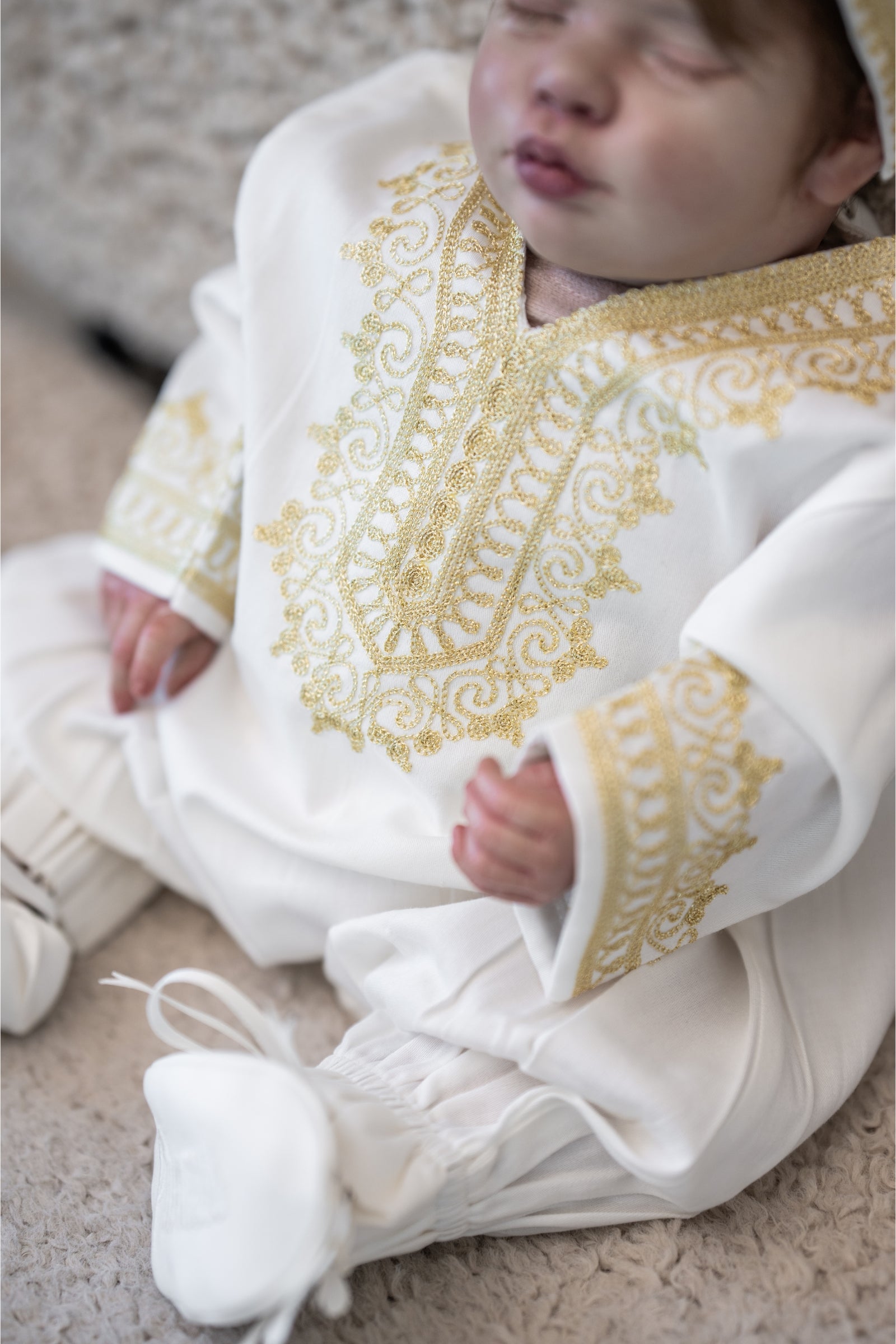 Embroidered Baby Girl Overall & Hair Band – Cream Cotton with Gold Hand Embroidery (Size 0–3 Months)