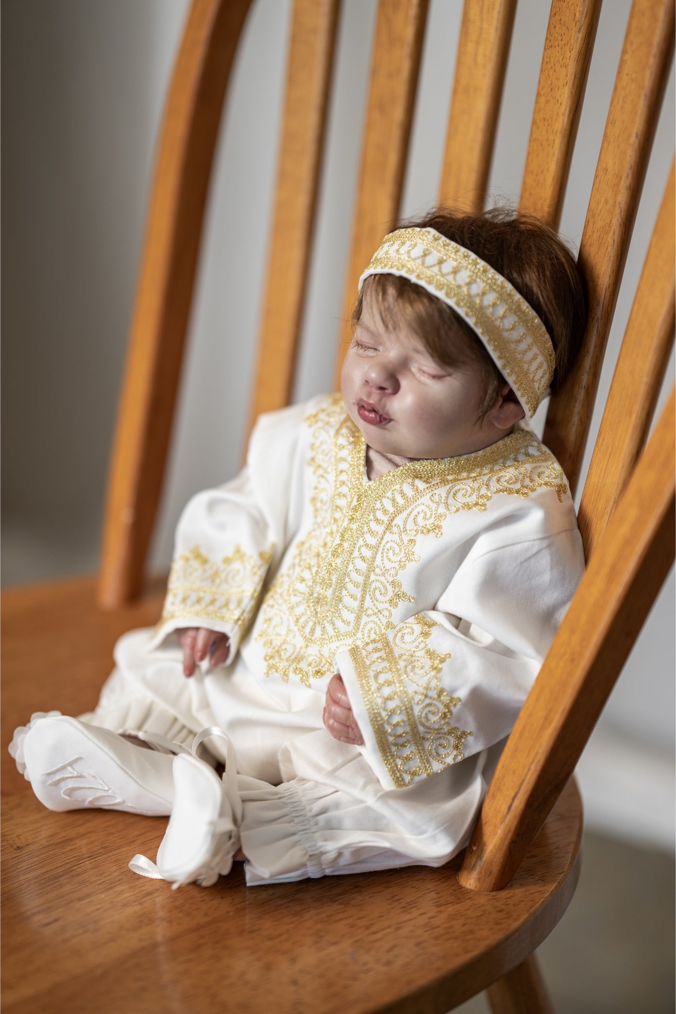 Embroidered Baby Girl Overall & Hair Band – Cream Cotton with Gold Hand Embroidery (Size 0–3 Months)