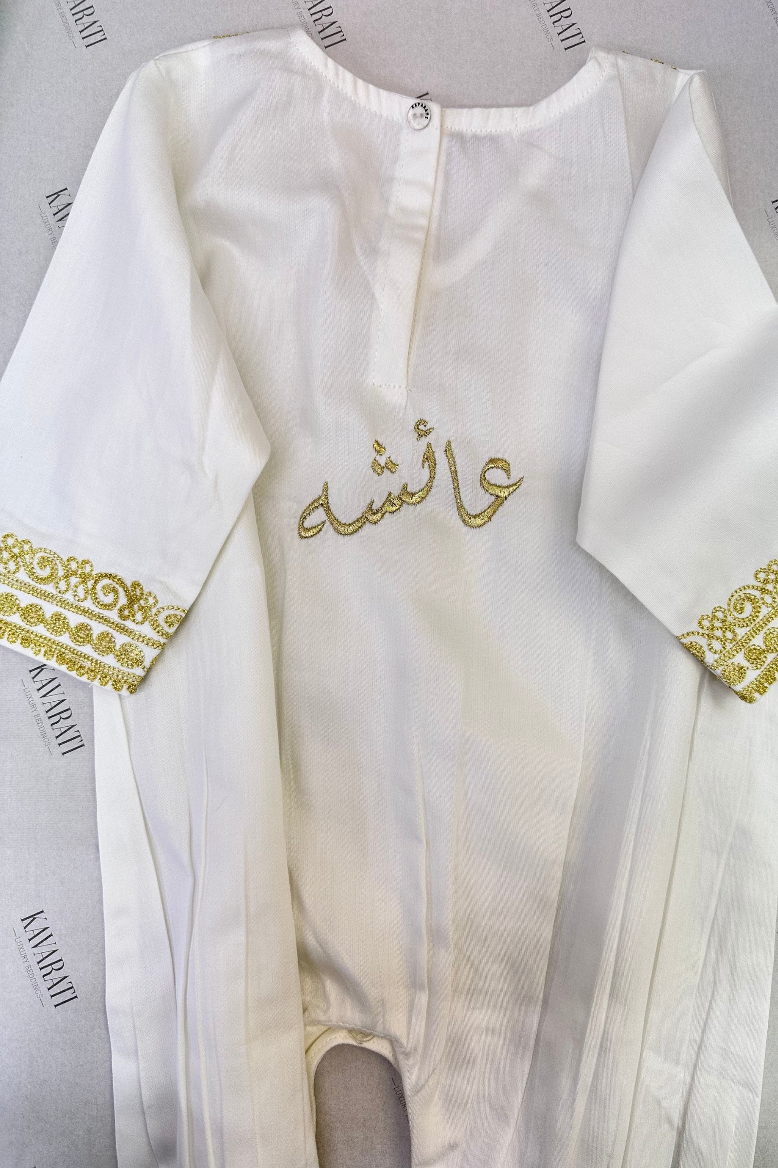 Embroidered Baby Girl Overall & Hair Band – Cream Cotton with Gold Hand Embroidery (Size 0–3 Months)