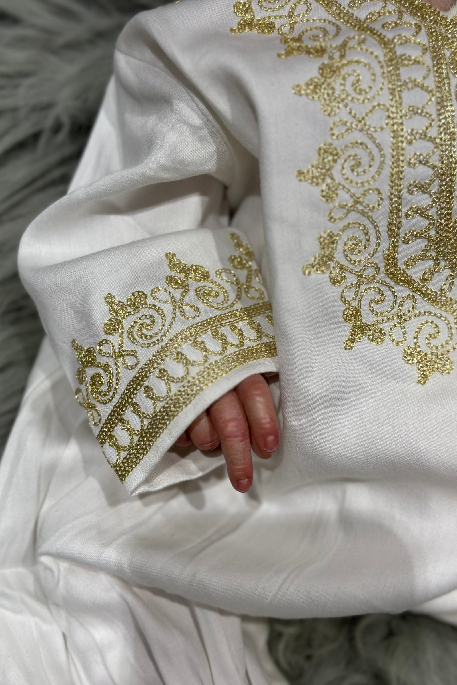 Embroidered Baby Girl Overall & Hair Band – Cream Cotton with Gold Hand Embroidery (Size 0–3 Months)