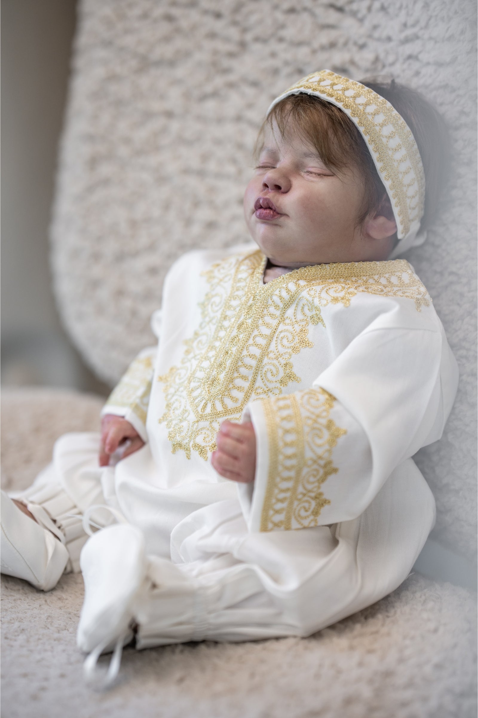 Embroidered Baby Girl Overall & Hair Band – Cream Cotton with Gold Hand Embroidery (Size 0–3 Months)