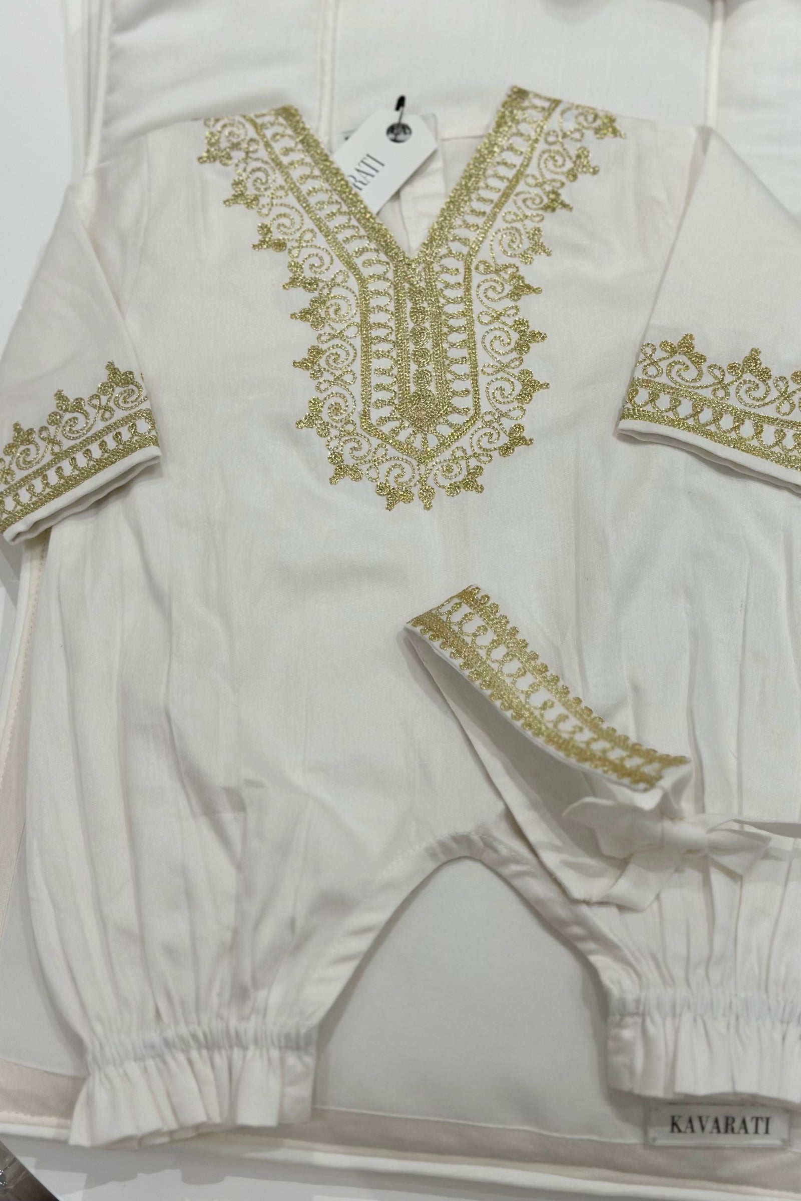 Embroidered Baby Girl Overall & Hair Band – Cream Cotton with Gold Hand Embroidery (Size 0–3 Months)