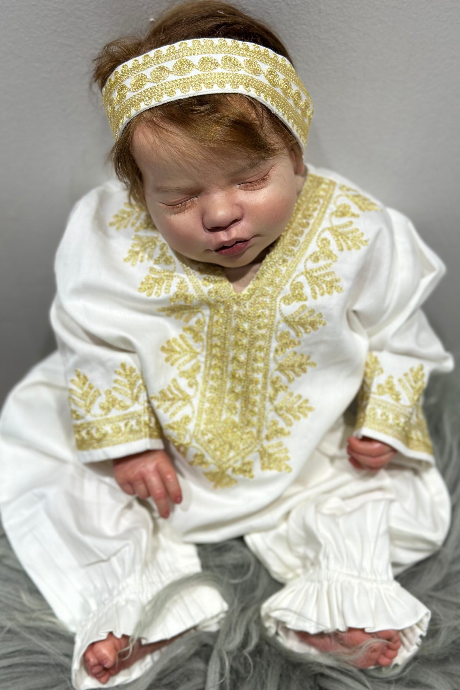 Embroidered Baby Girl Overall & Hair Band – Cream Cotton with Gold Hand Embroidery (Size 3–6 Months)