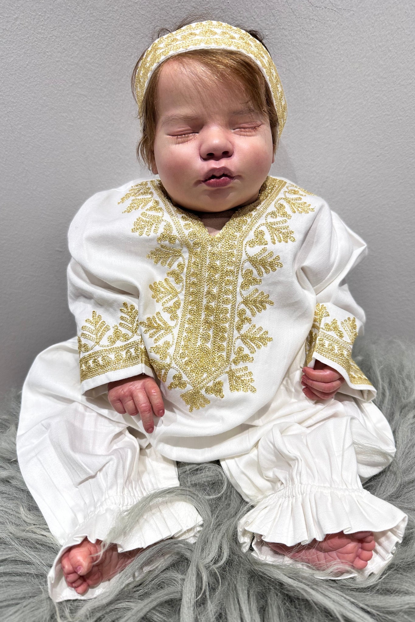 Embroidered Baby Girl Overall & Hair Band – Cream Cotton with Gold Hand Embroidery (Size 3–6 Months)