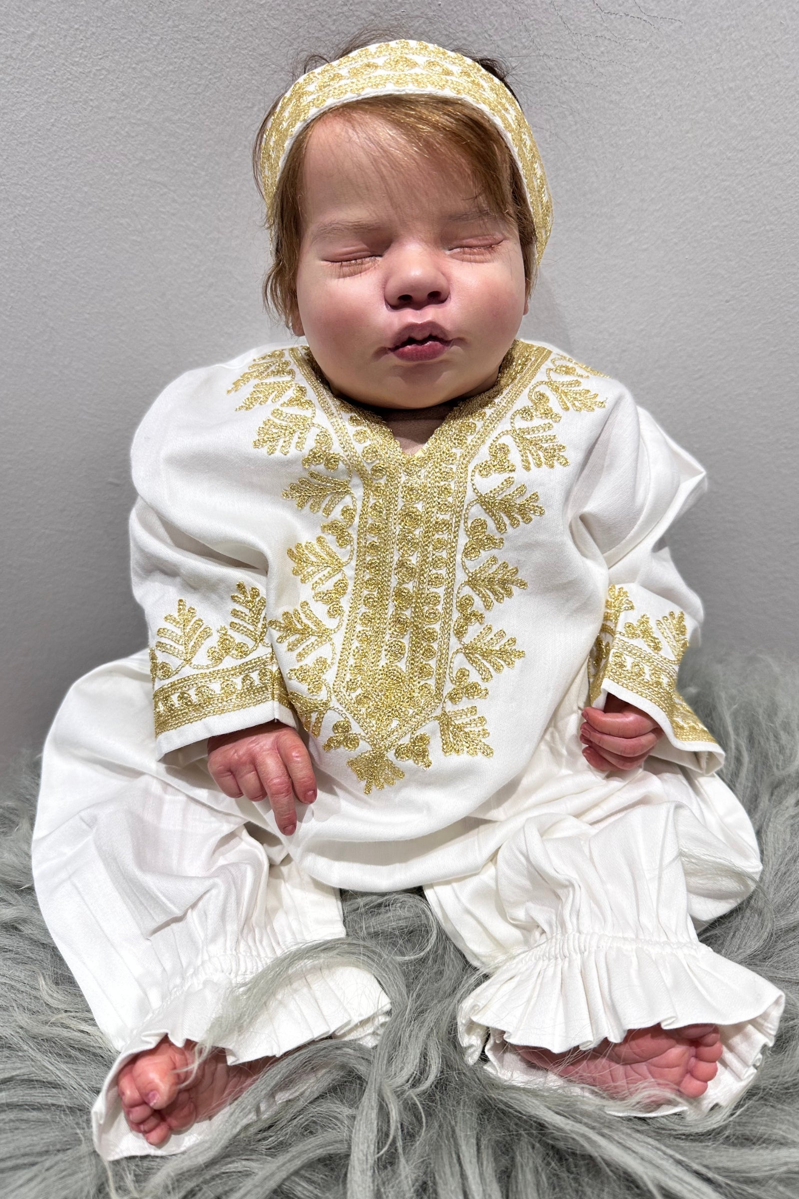 Embroidered Baby Girl Overall & Hair Band – Cream Cotton with Gold Hand Embroidery (Size 3–6 Months)