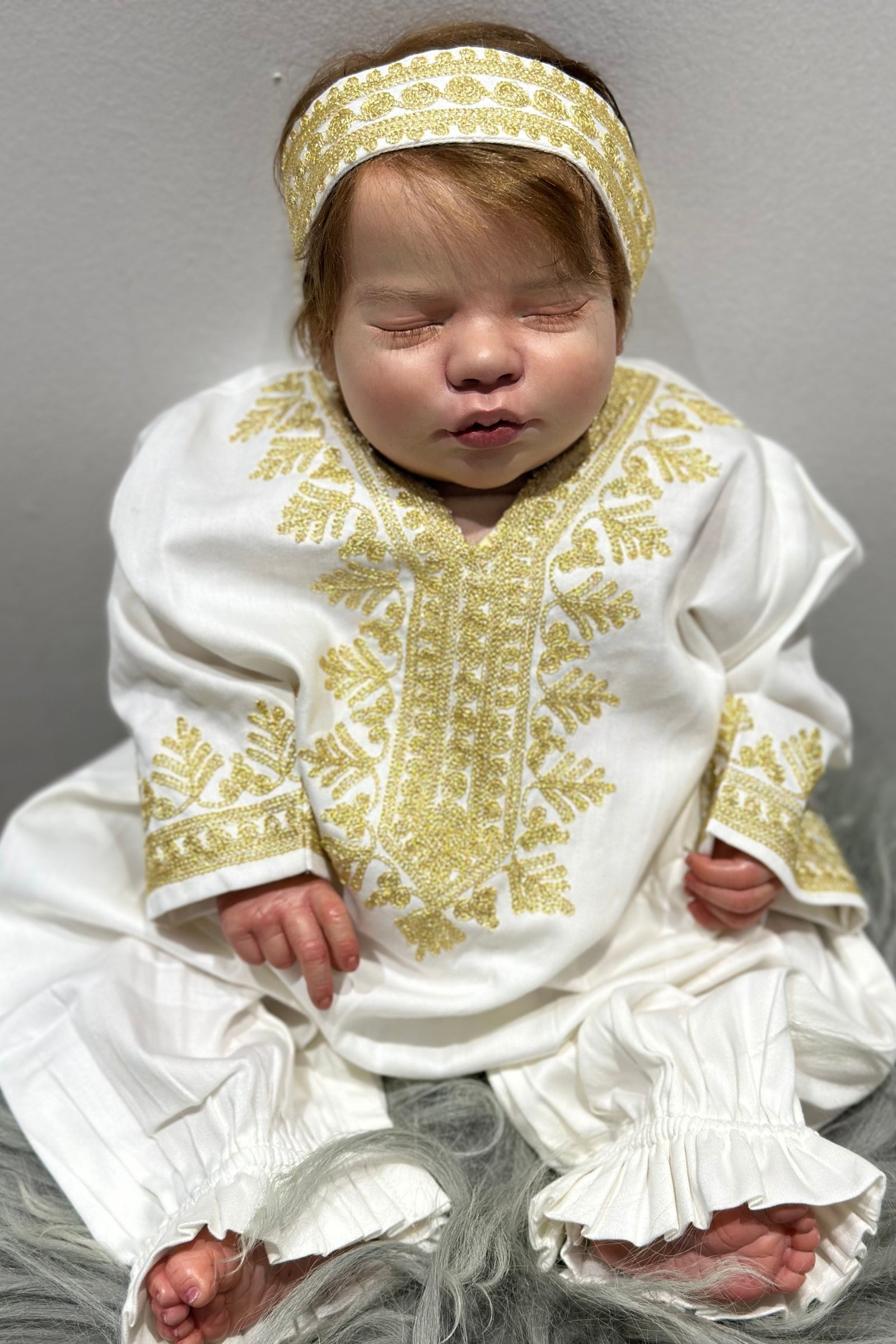 Embroidered Baby Girl Overall & Hair Band – Cream Cotton with Gold Hand Embroidery (Size 3–6 Months)