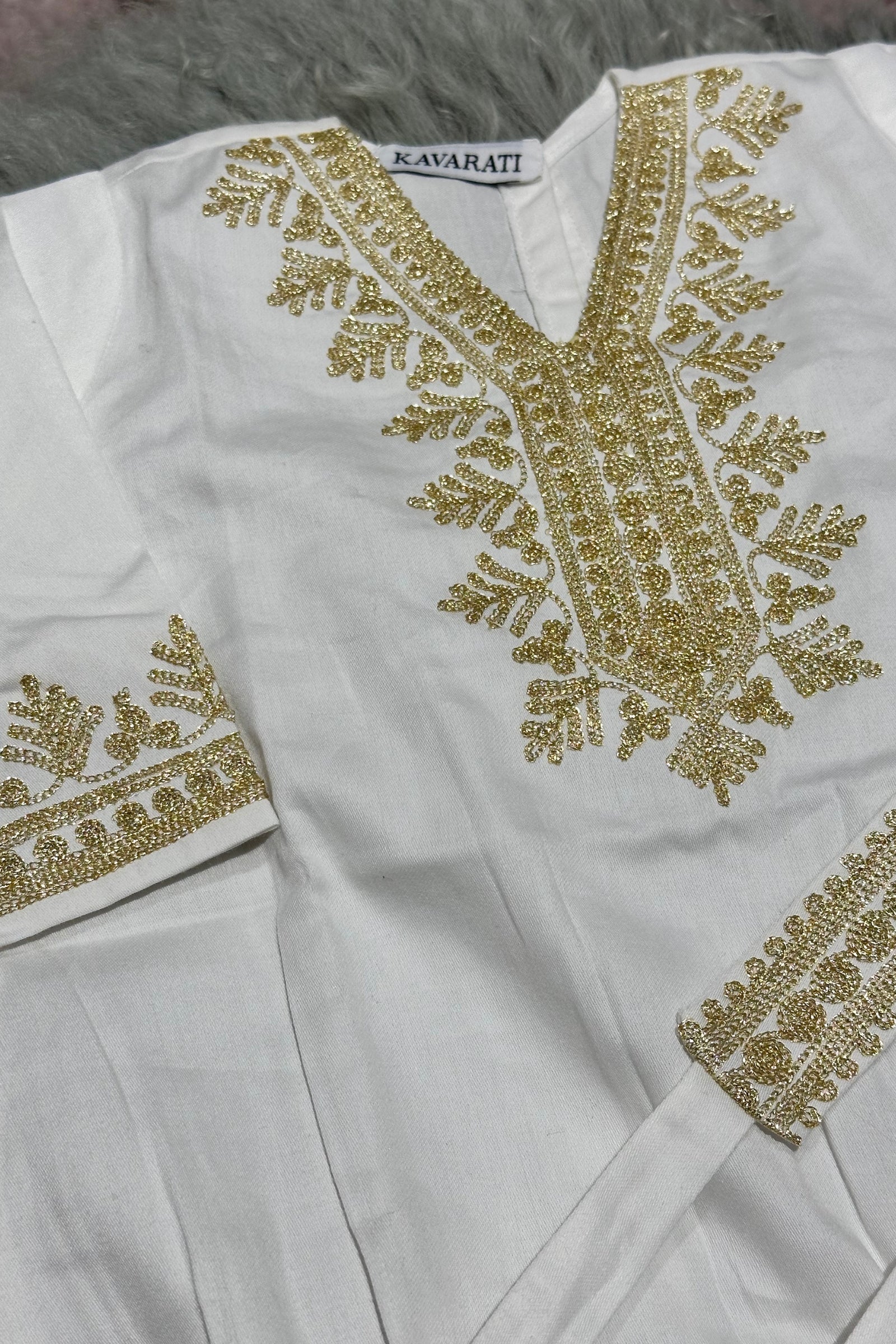 Embroidered Baby Girl Overall & Hair Band – Cream Cotton with Gold Hand Embroidery (Size 3–6 Months)