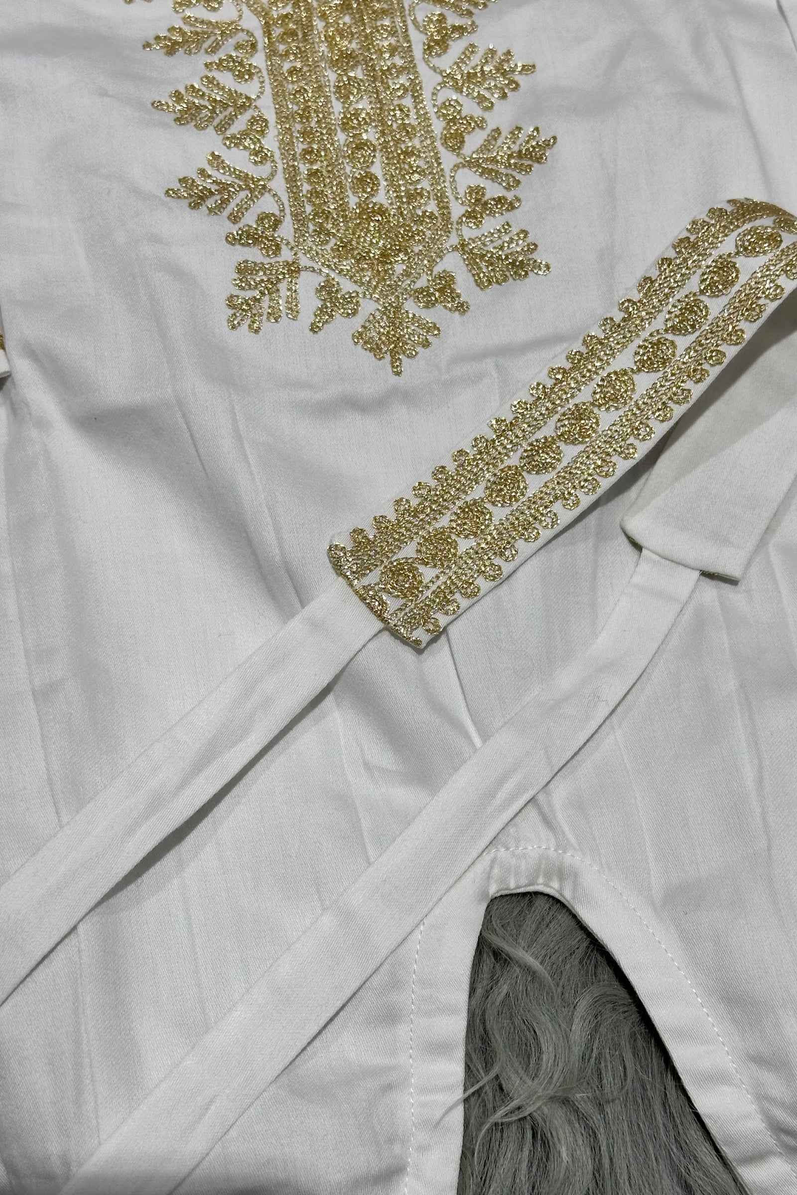 Embroidered Baby Girl Overall & Hair Band – Cream Cotton with Gold Hand Embroidery (Size 3–6 Months)