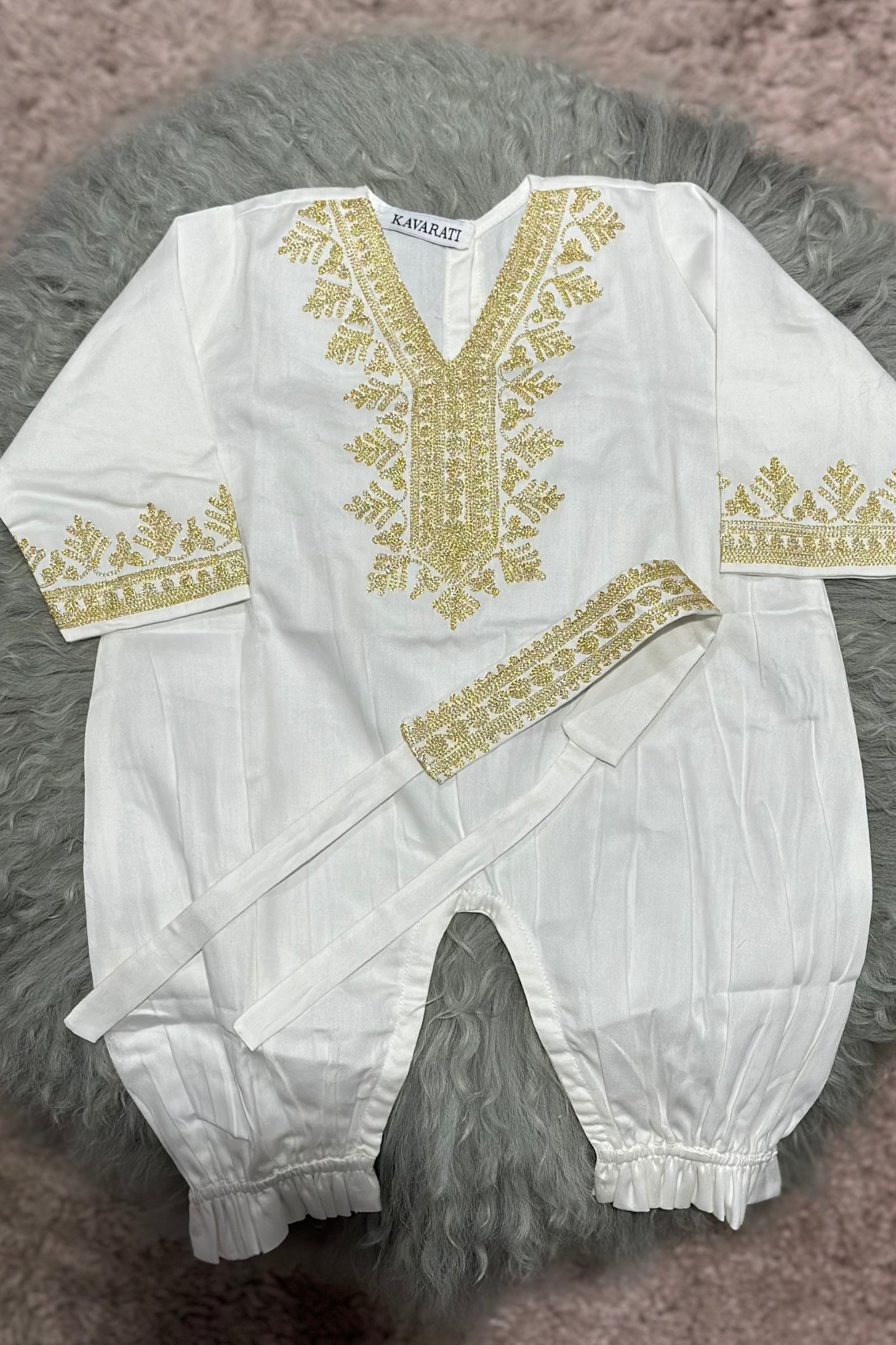 Embroidered Baby Girl Overall & Hair Band – Cream Cotton with Gold Hand Embroidery (Size 3–6 Months)