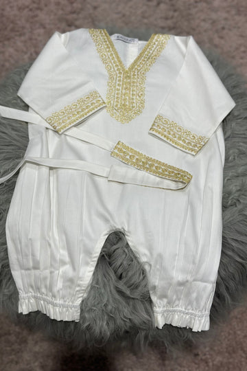 Embroidered Baby Girl Overall & Hair Band – Cream Cotton with Gold Hand Embroidery (Size 6–9 Months)