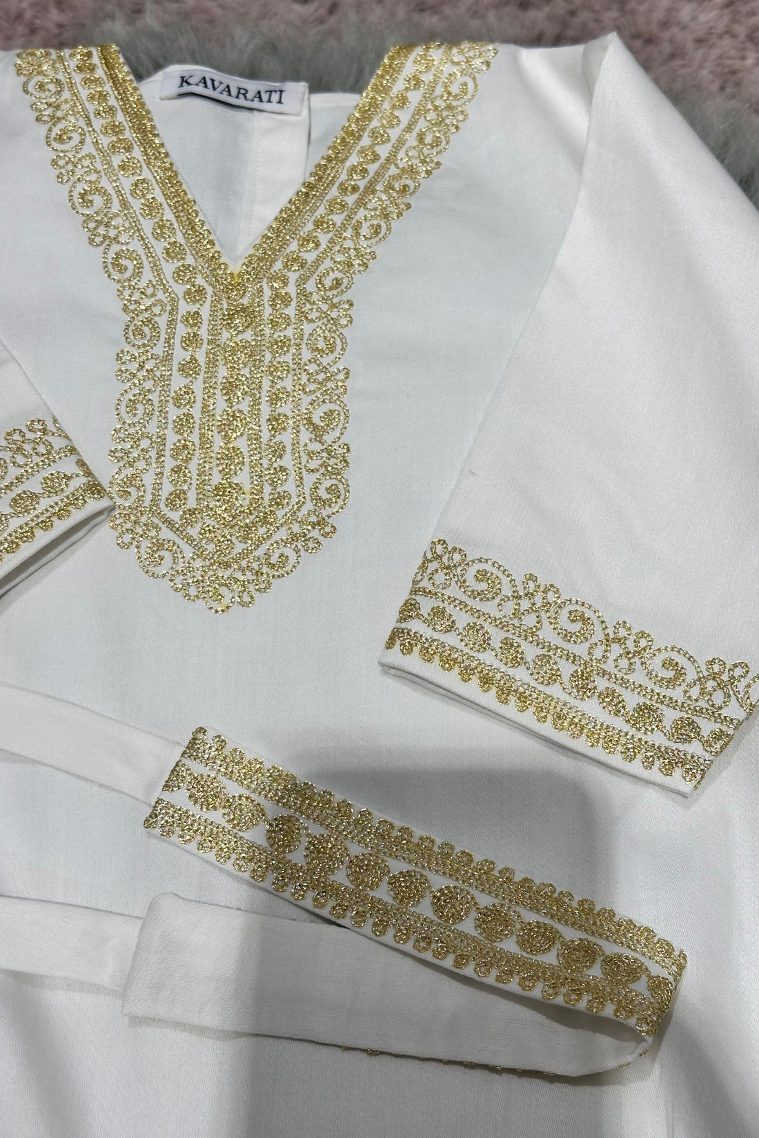 Embroidered Baby Girl Overall & Hair Band – Cream Cotton with Gold Hand Embroidery (Size 6–9 Months)